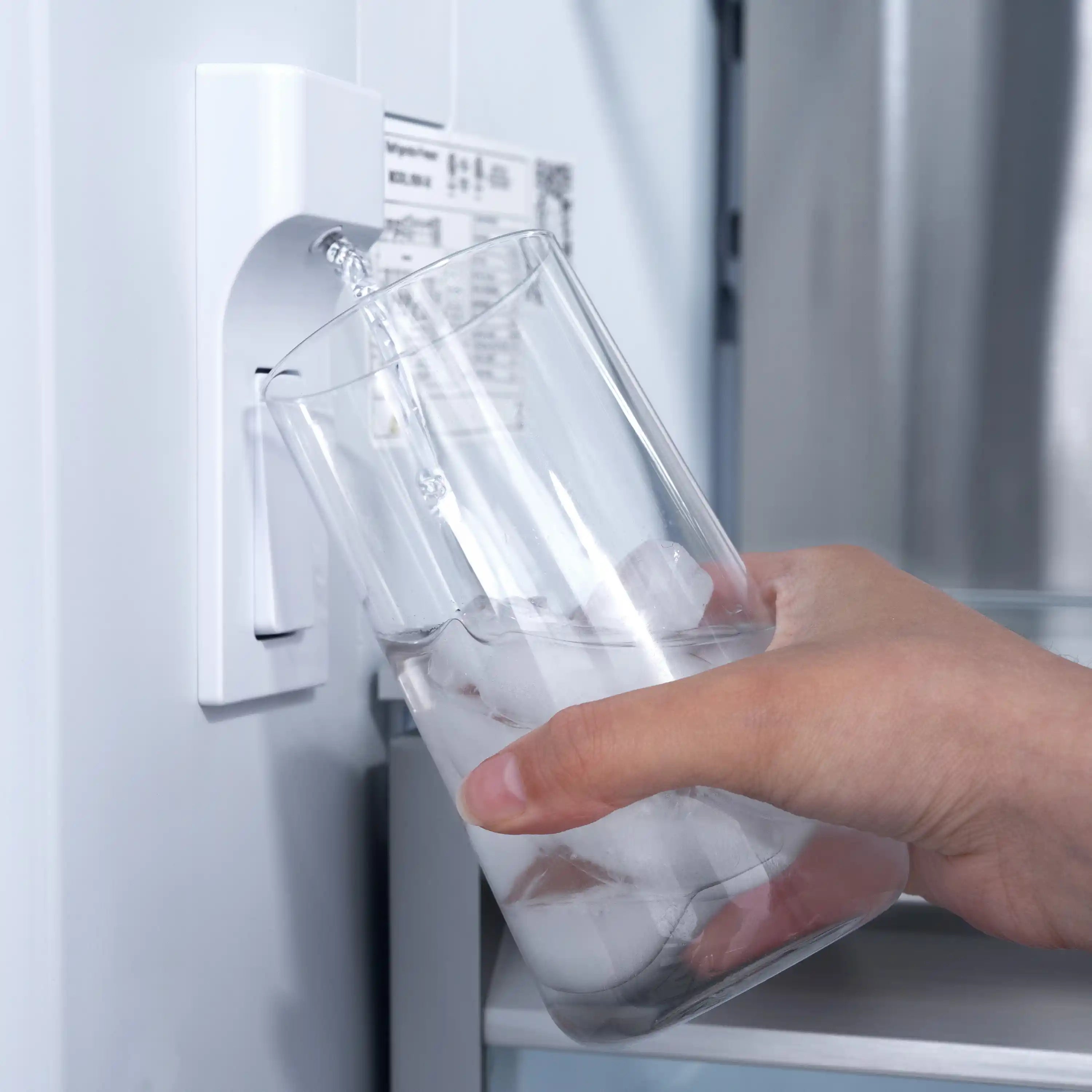 Hand filling a clear glass from an internal refrigerator water dispenser