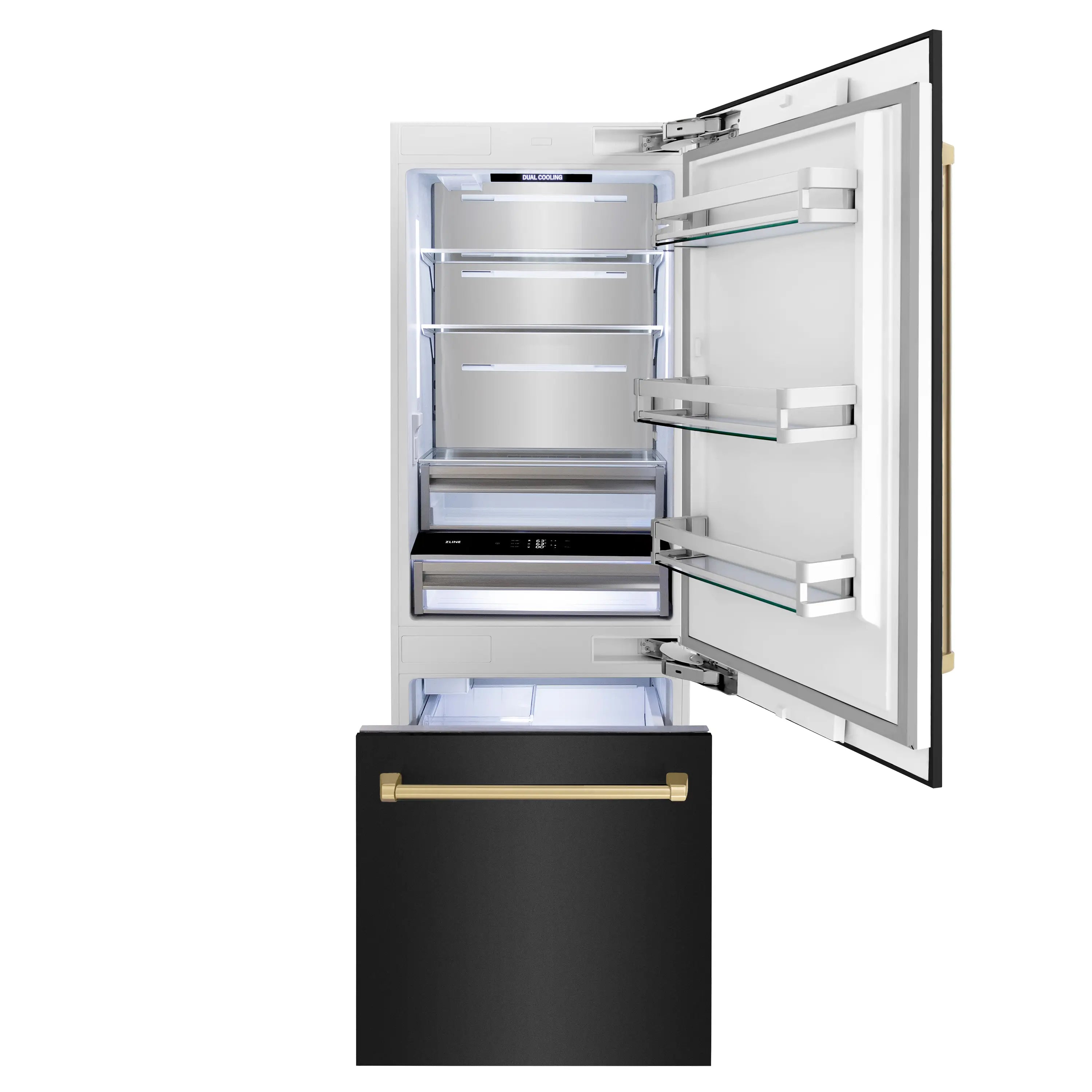 Bottom freezer refrigerator with open doors, glass shelves and drawers, black stainless exterior