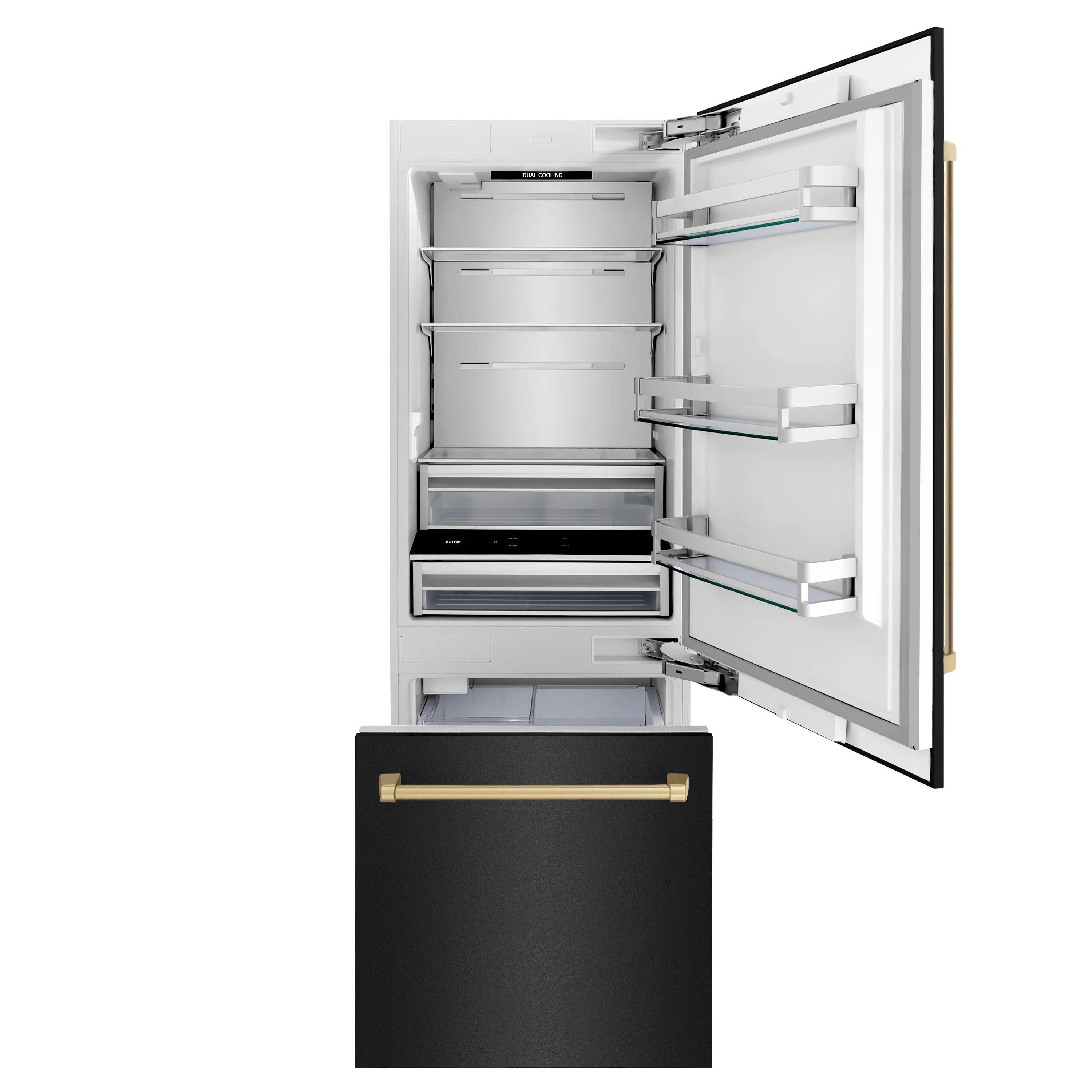 Refrigerator door open showing interior shelves and a bottom freezer compartment