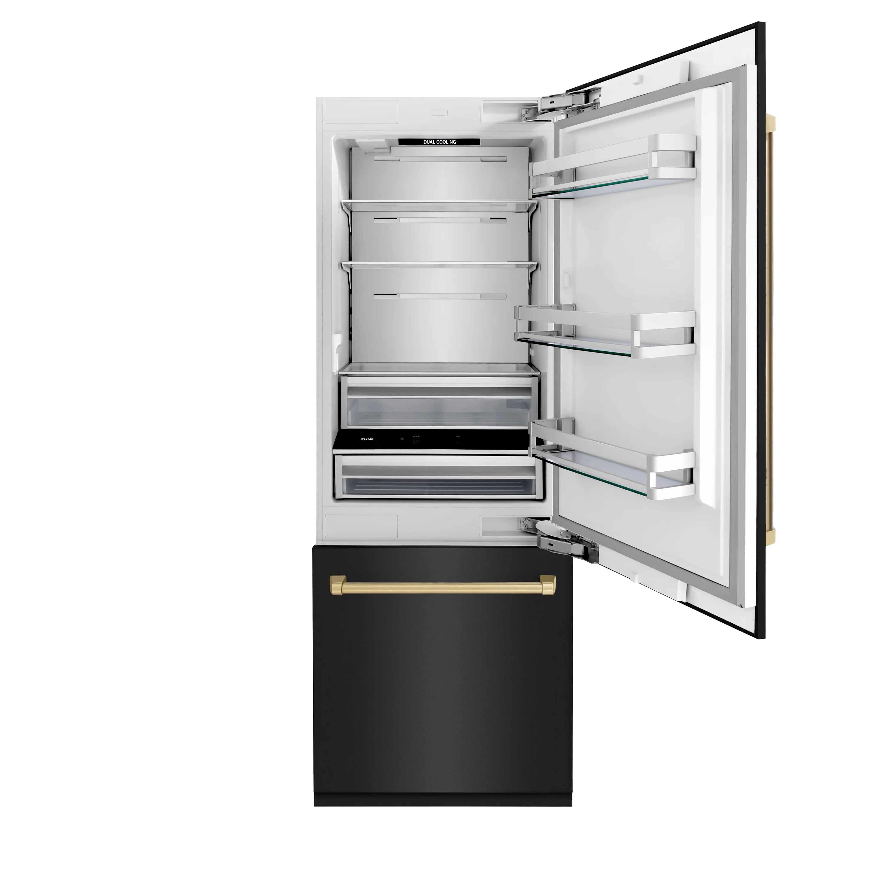 Bottom freezer refrigerator with open doors, interior shelves and bottom freezer bin, black finish
