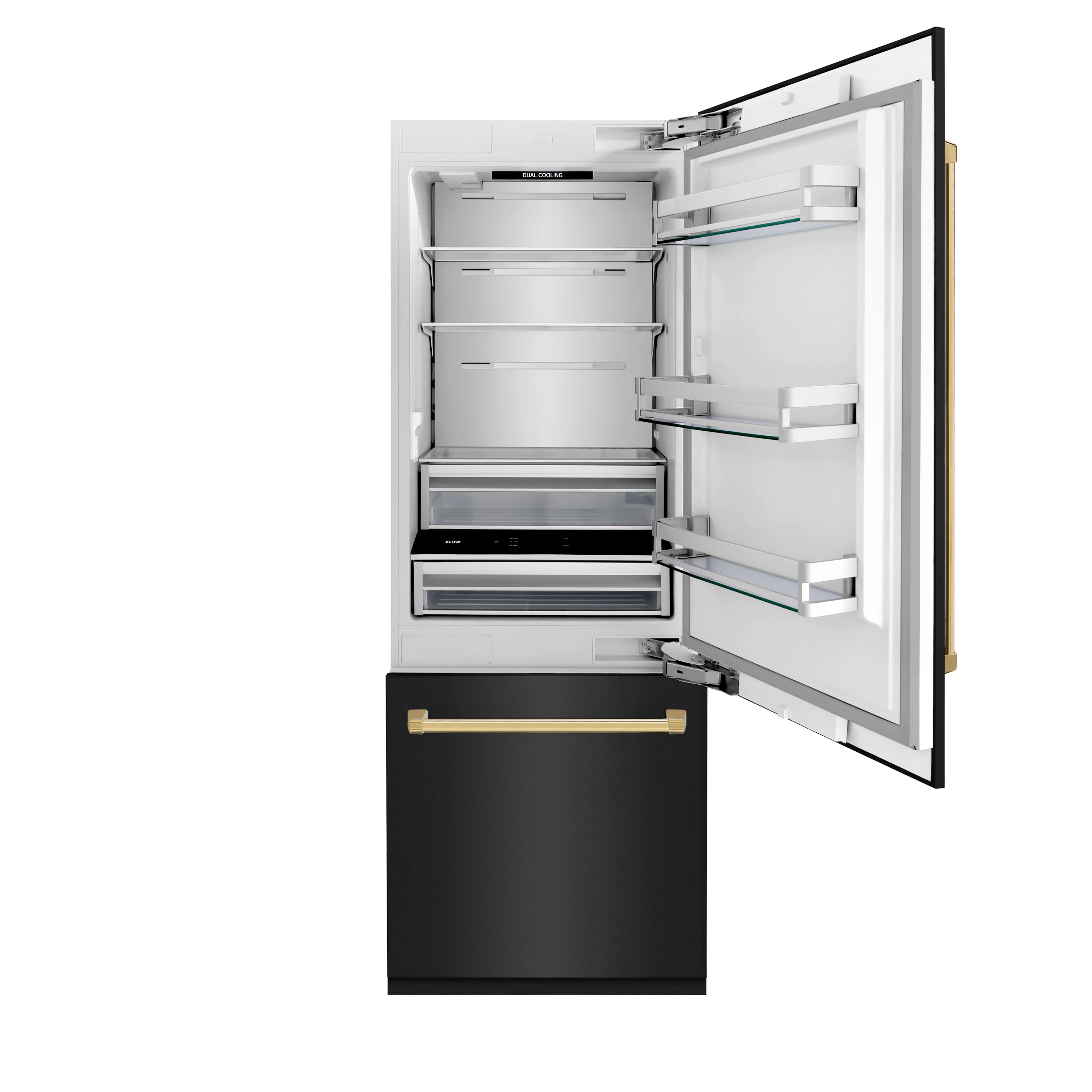 Open bottom-freezer refrigerator showing interior shelves, drawers, and door compartments