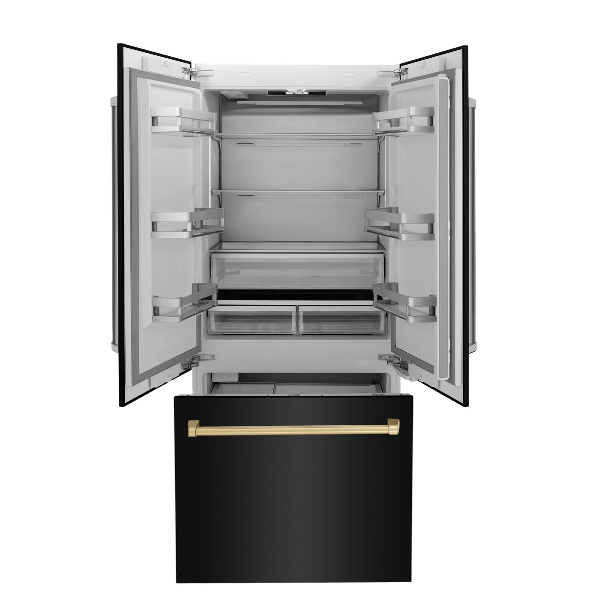 French-door refrigerator with open doors showing interior shelves and drawer