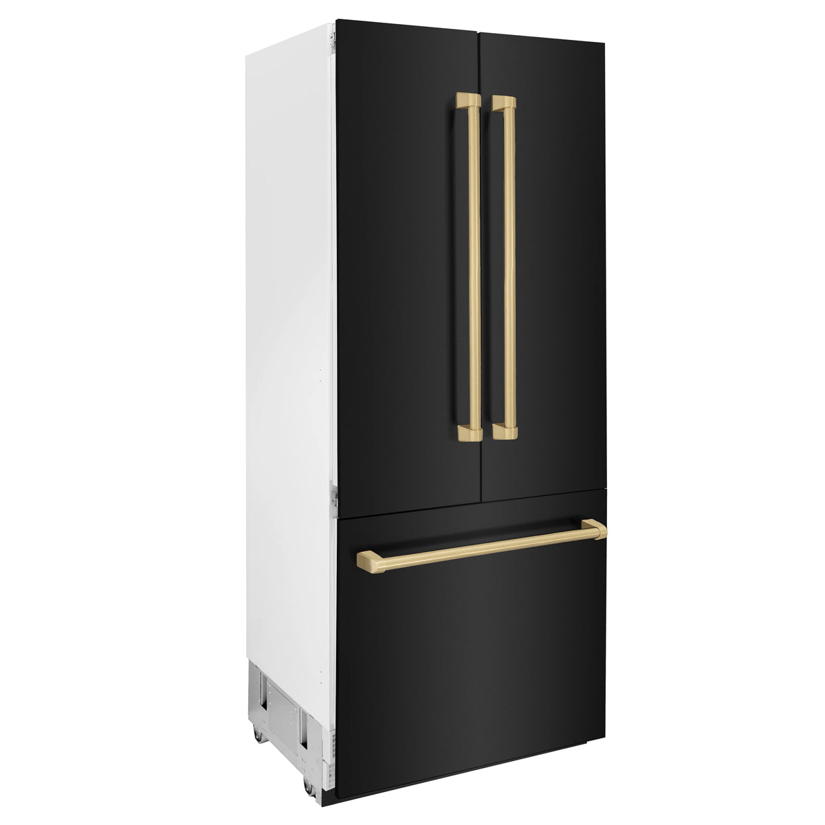 Black stainless French door refrigerator with bronze handle and dispenser panel
