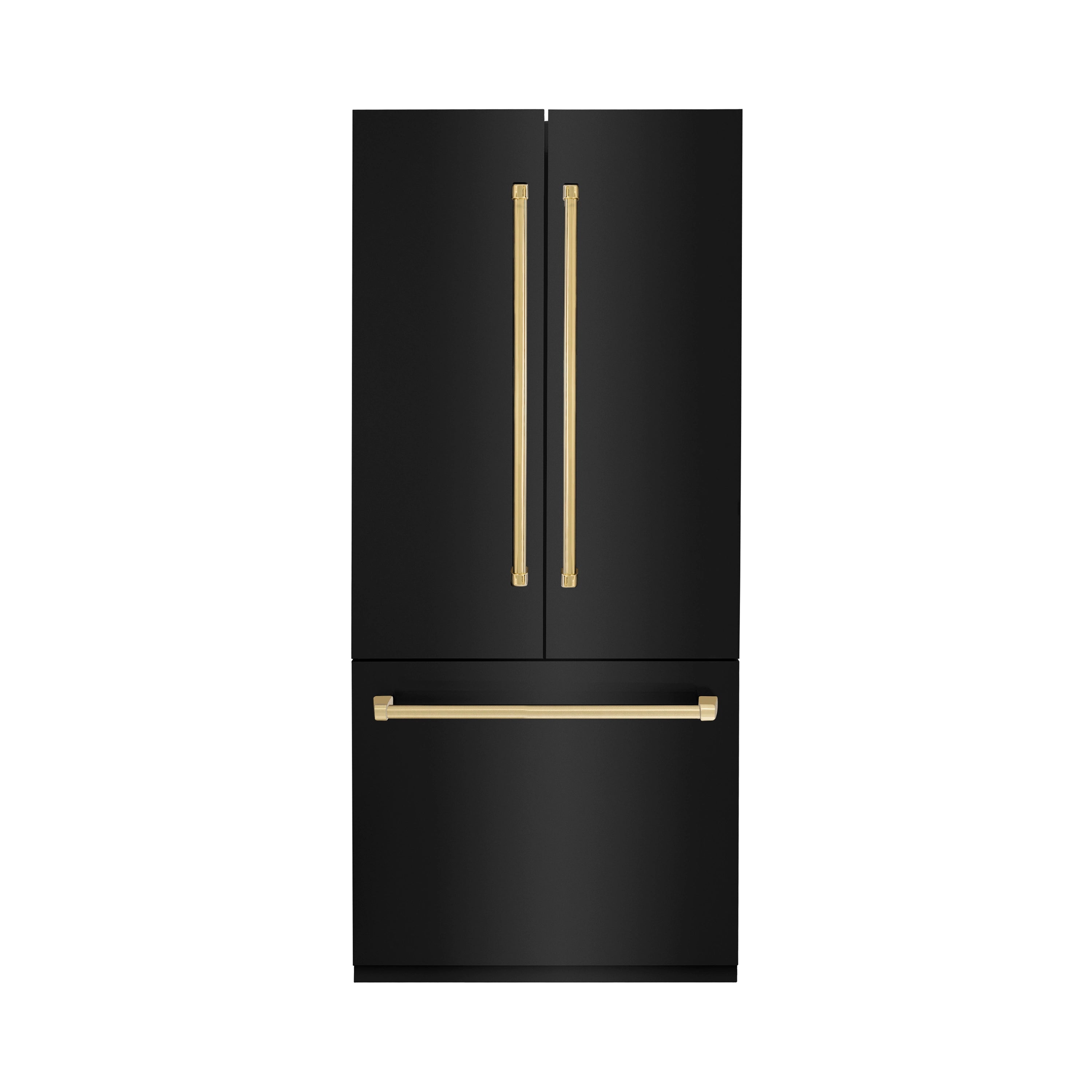 Black stainless bottom freezer refrigerator with gold bar handles