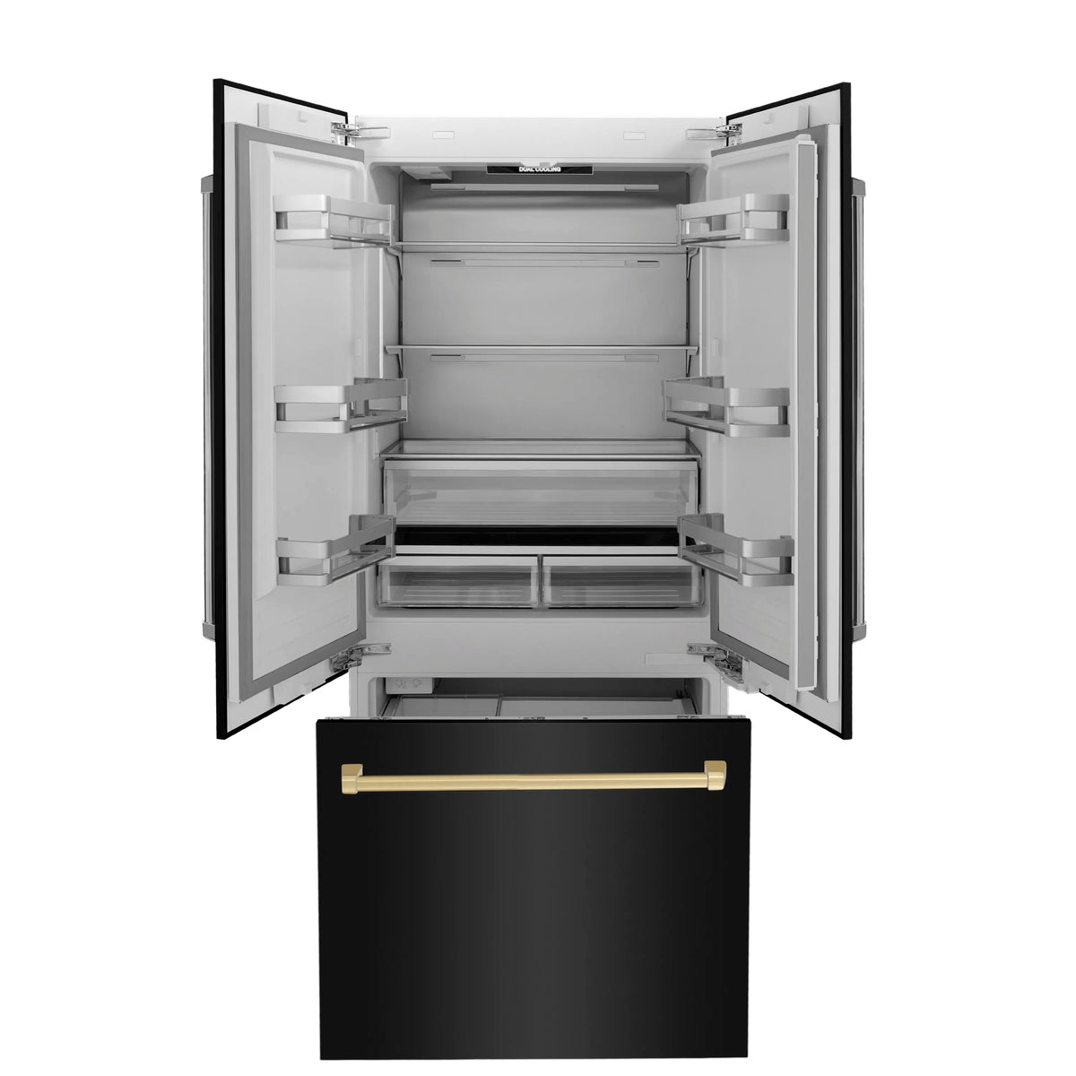 Bottom freezer drawer open with metal shelves and compartment bins