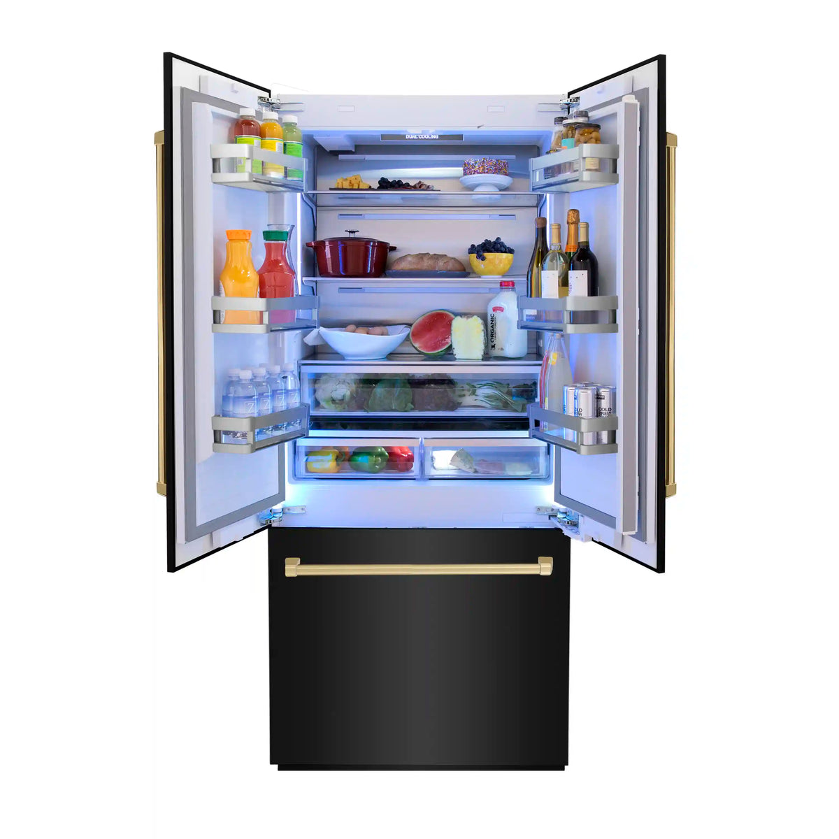 Refrigerator interior with shelves, door bins, and produce crisper drawers