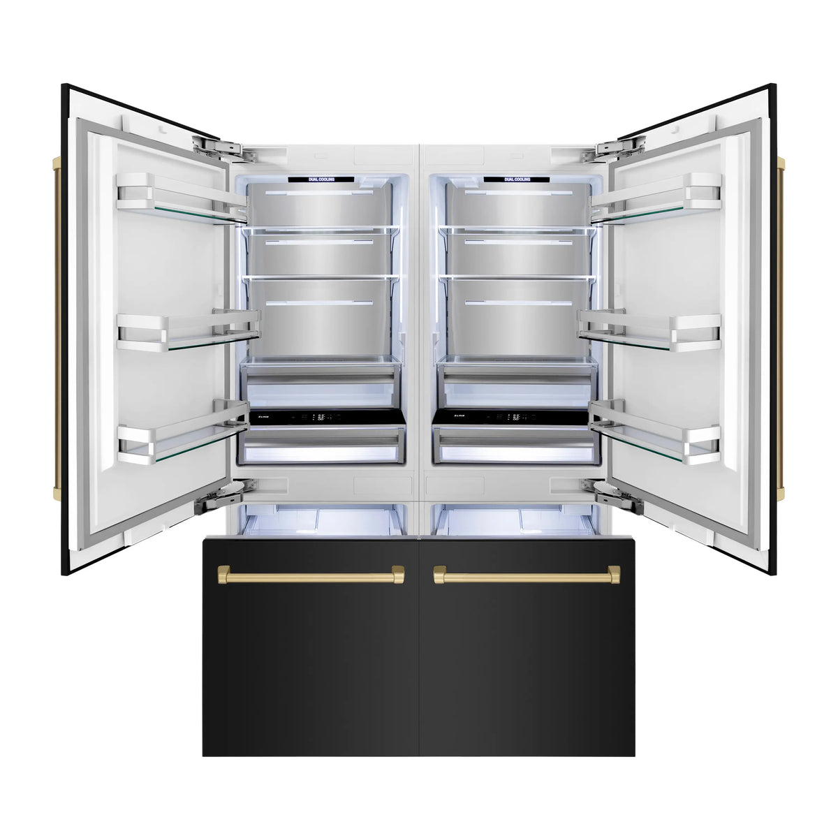 4-door French door refrigerator with open doors, internal shelves, and bronze handles