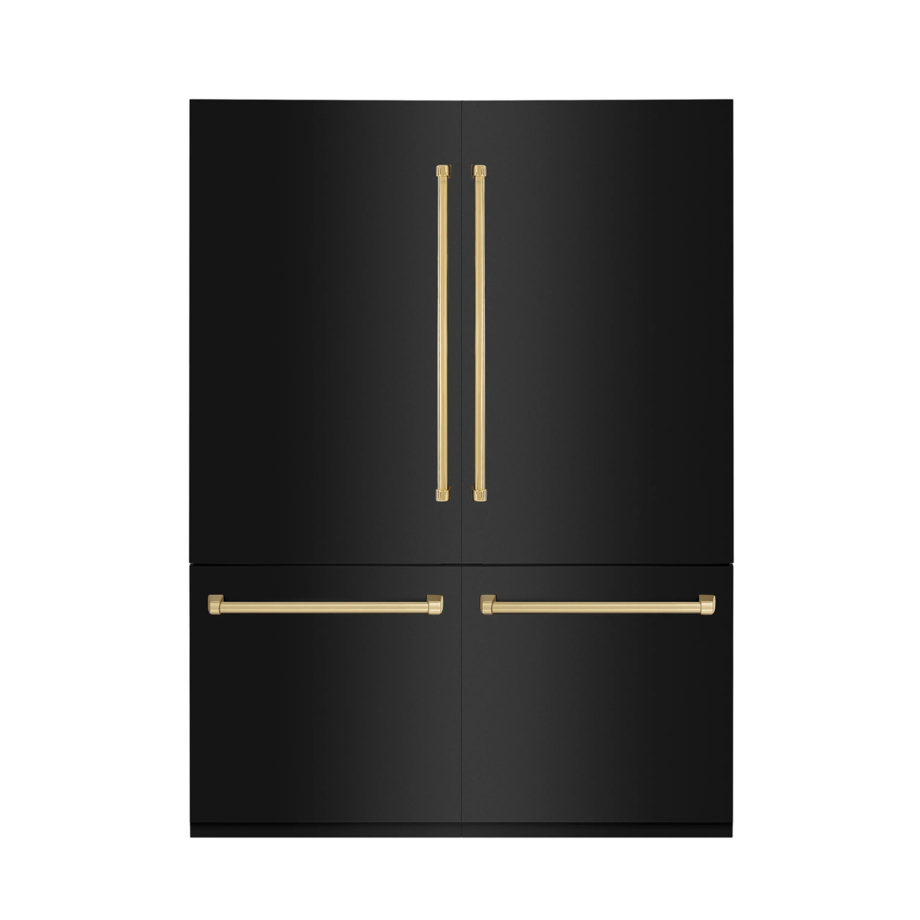 Black French door refrigerator with gold bar handles and two-door layout