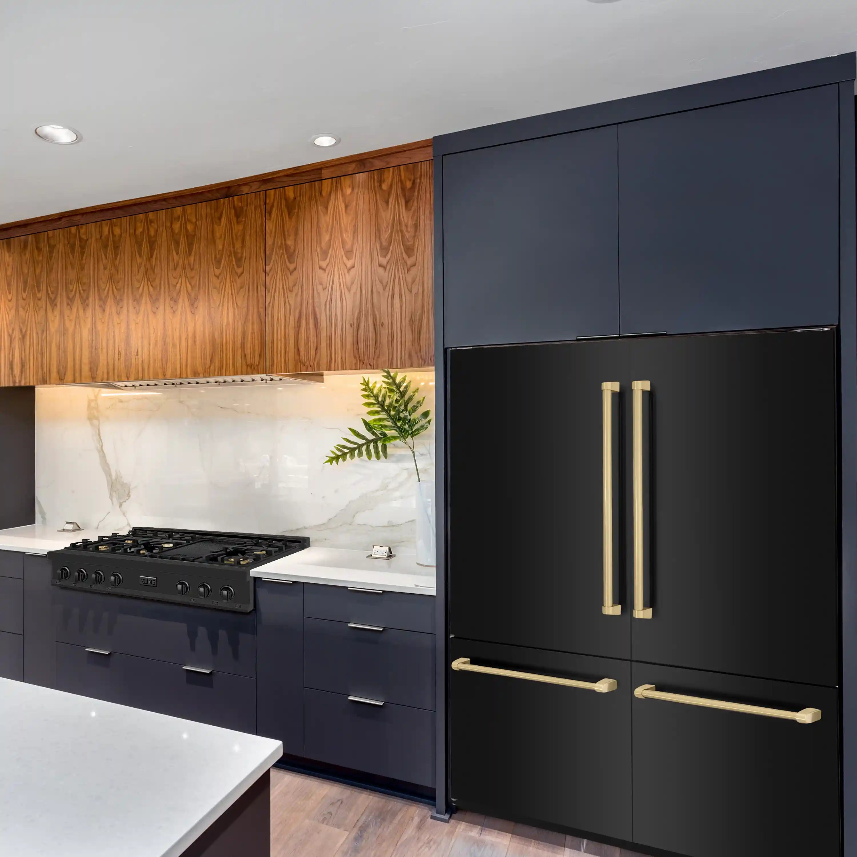 Black stainless French door refrigerator with gold bar handles and lower drawer