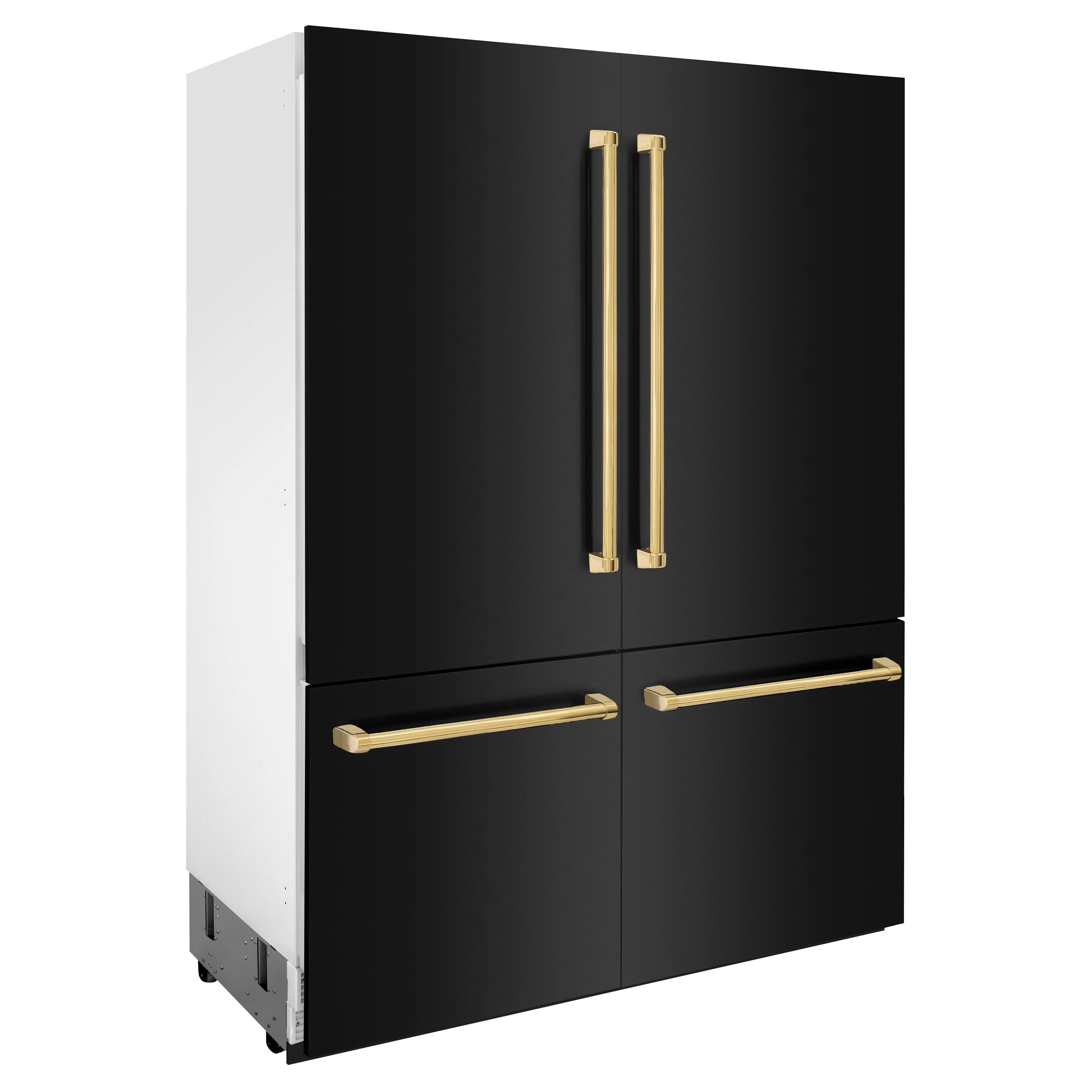 Black French door refrigerator with gold vertical handles and horizontal freezer handles