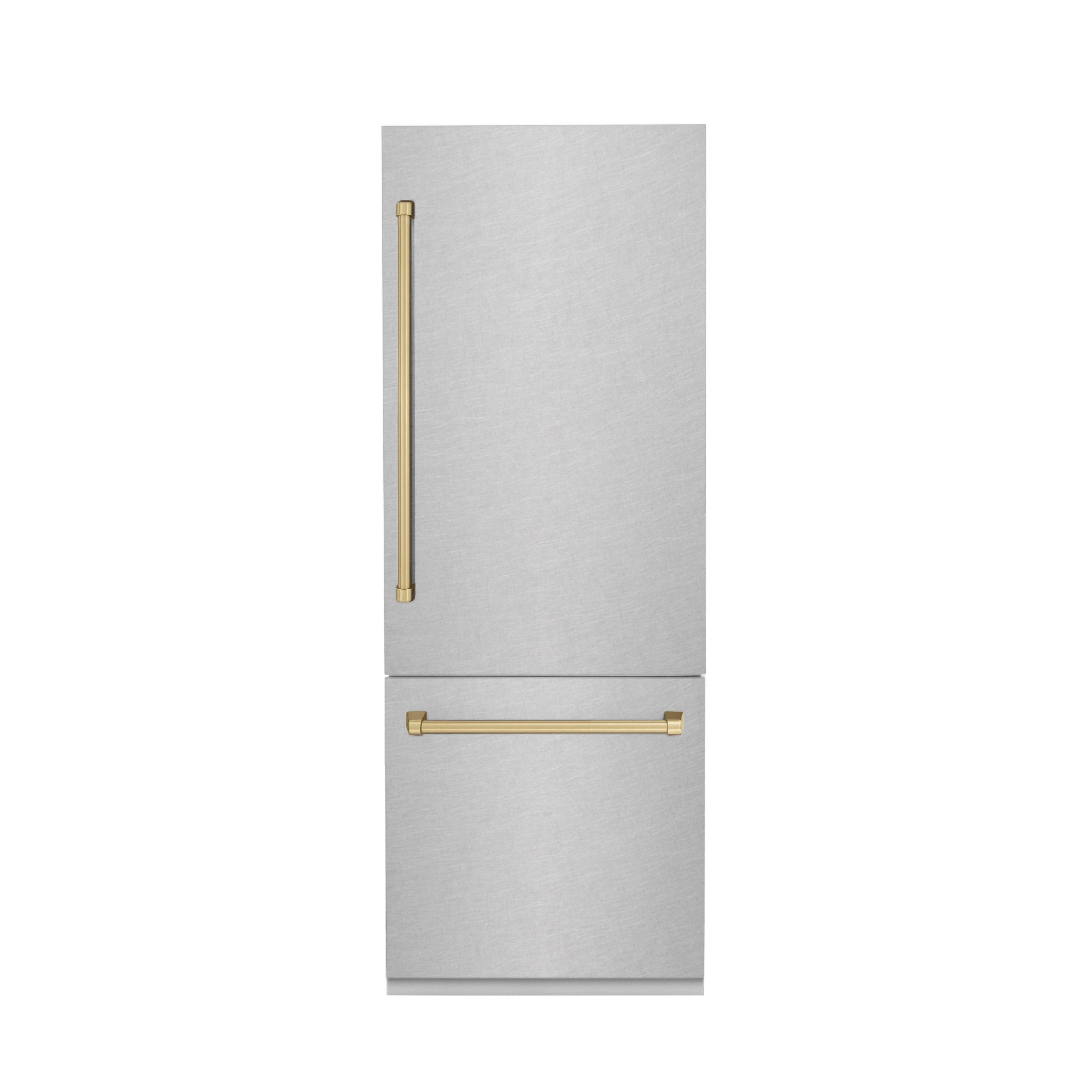 Stainless steel bottom-freezer refrigerator with two champagne bronze door handles