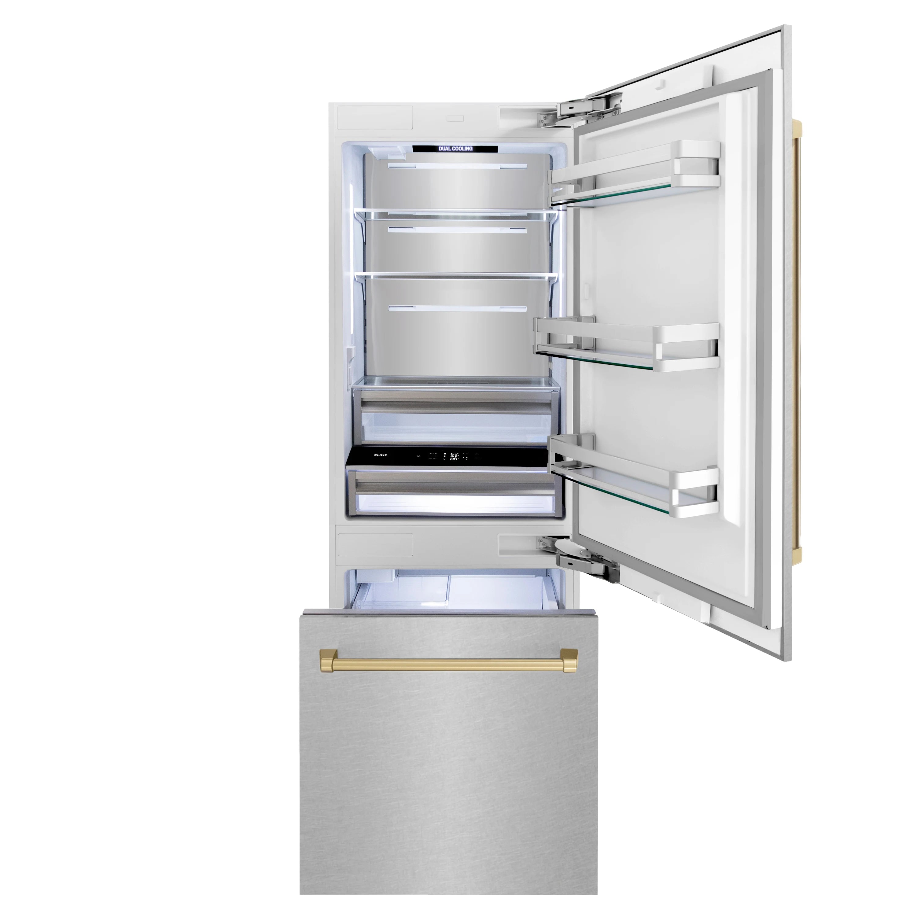 Open refrigerator with adjustable glass shelves and crisper drawer, bronze handle