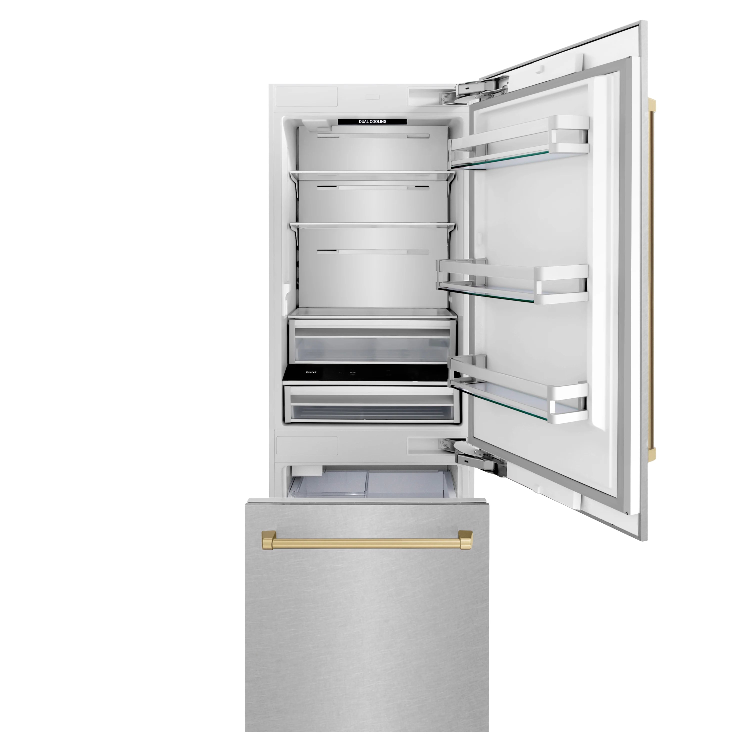 Open bottom freezer refrigerator showing interior shelves and bronze bottom handle