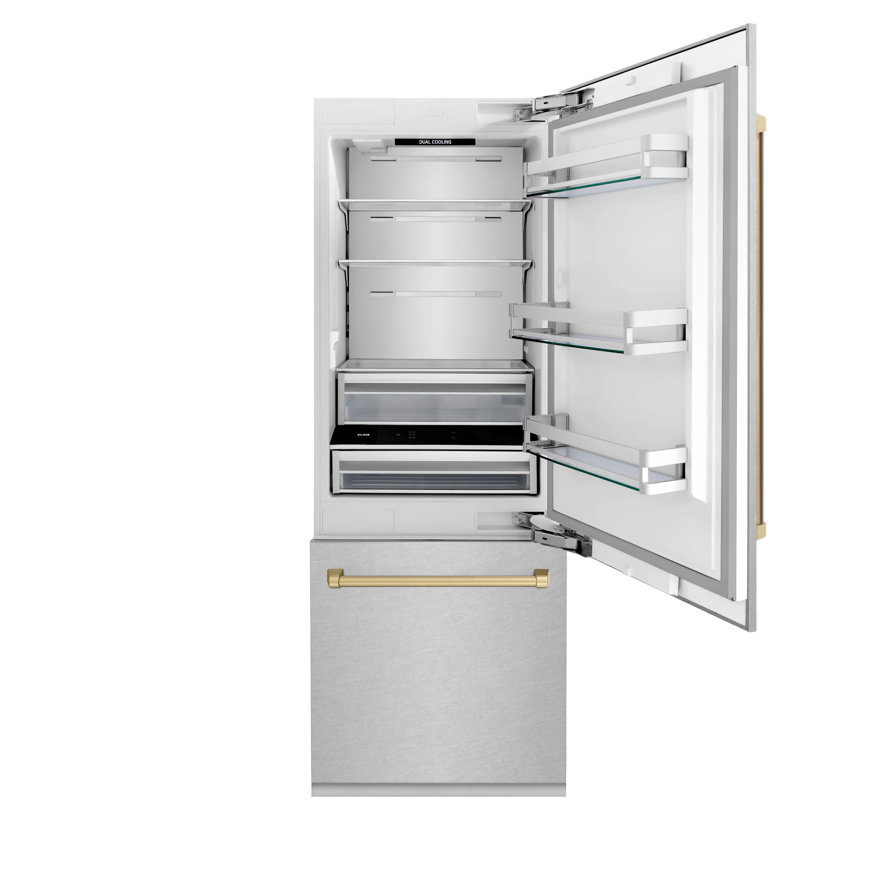 Open bottom freezer refrigerator with shelves, drawers, and champagne bronze handle