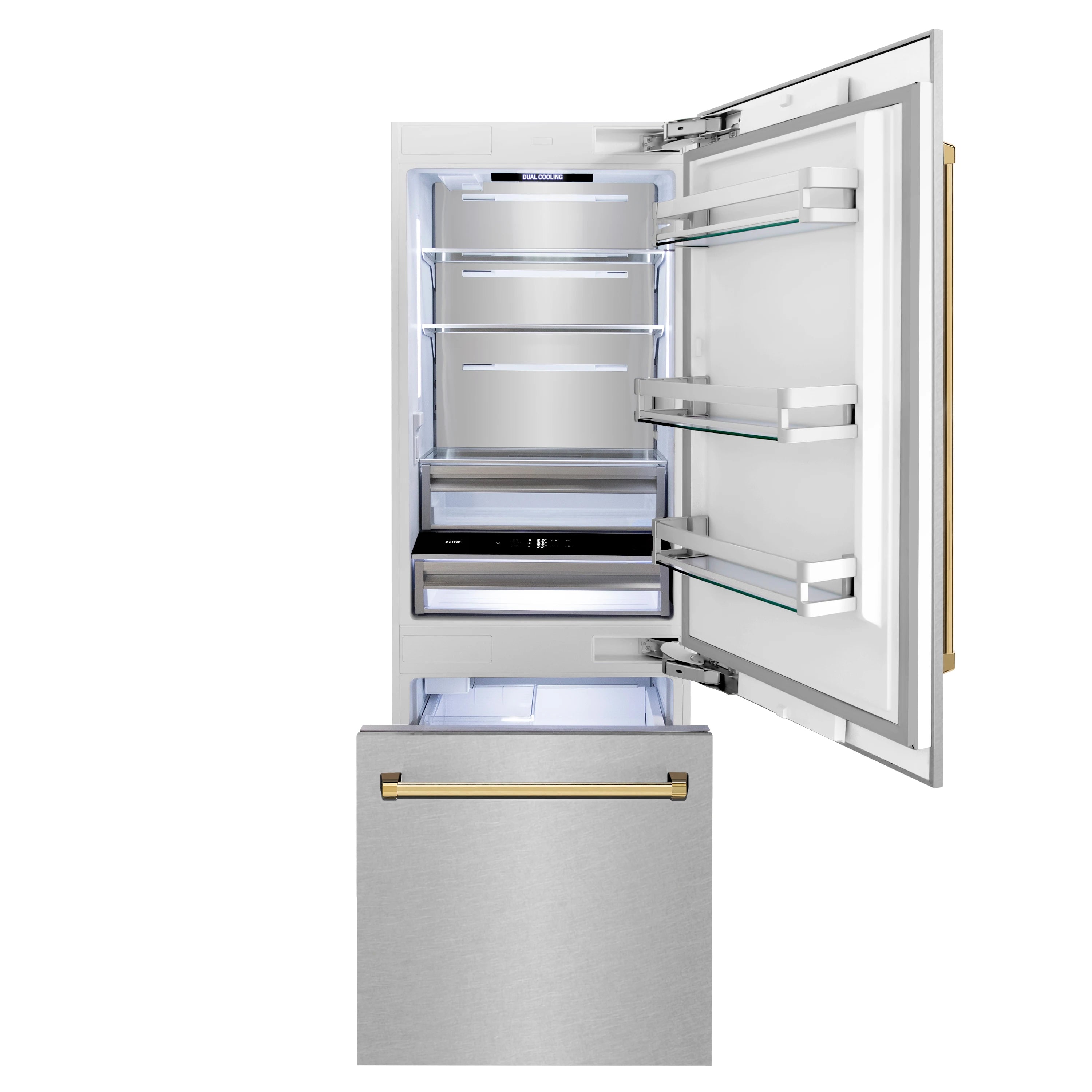 Bottom freezer refrigerator with open door, interior shelves and pullout bins