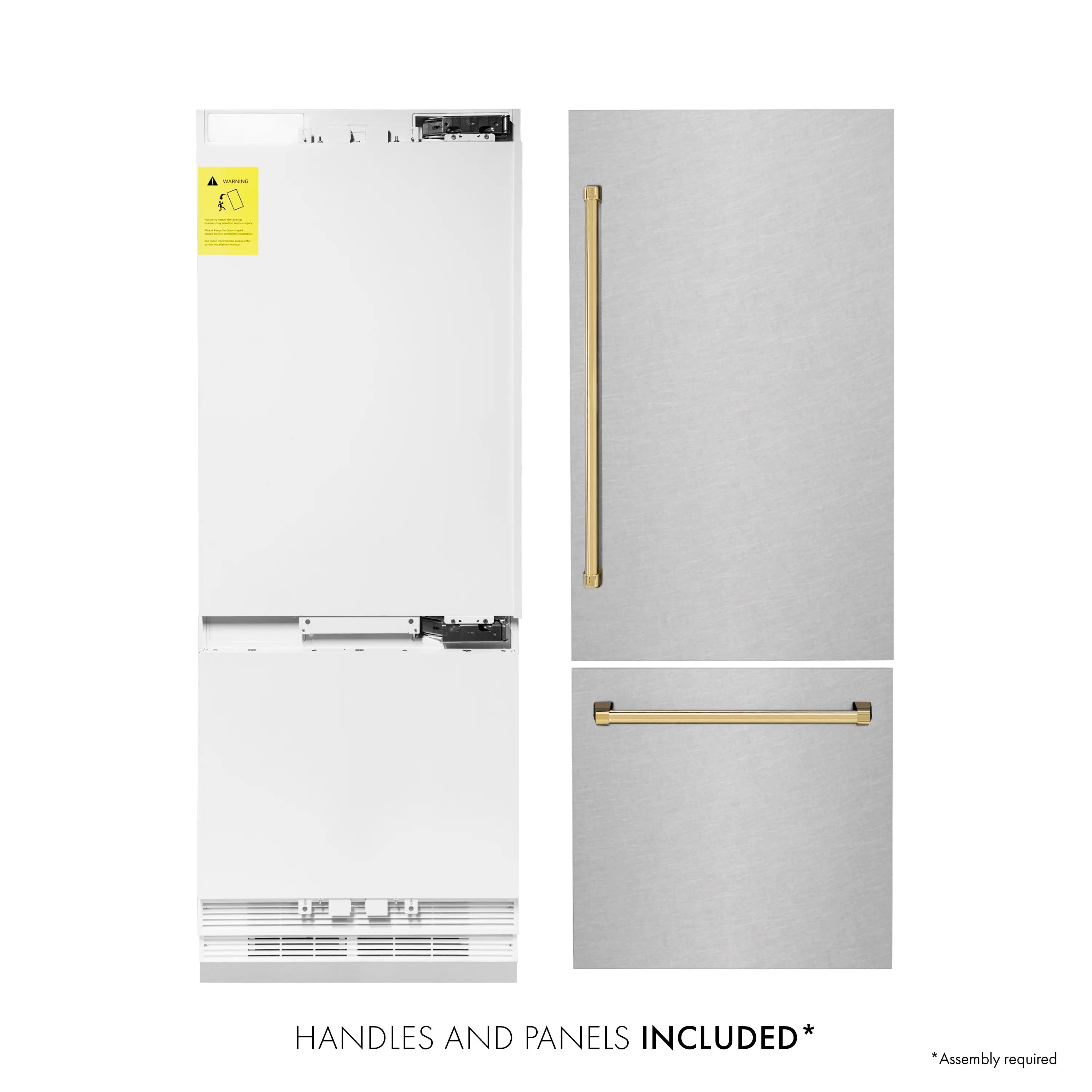 Refrigerator handle and door panel set with gold accents, shown included parts
