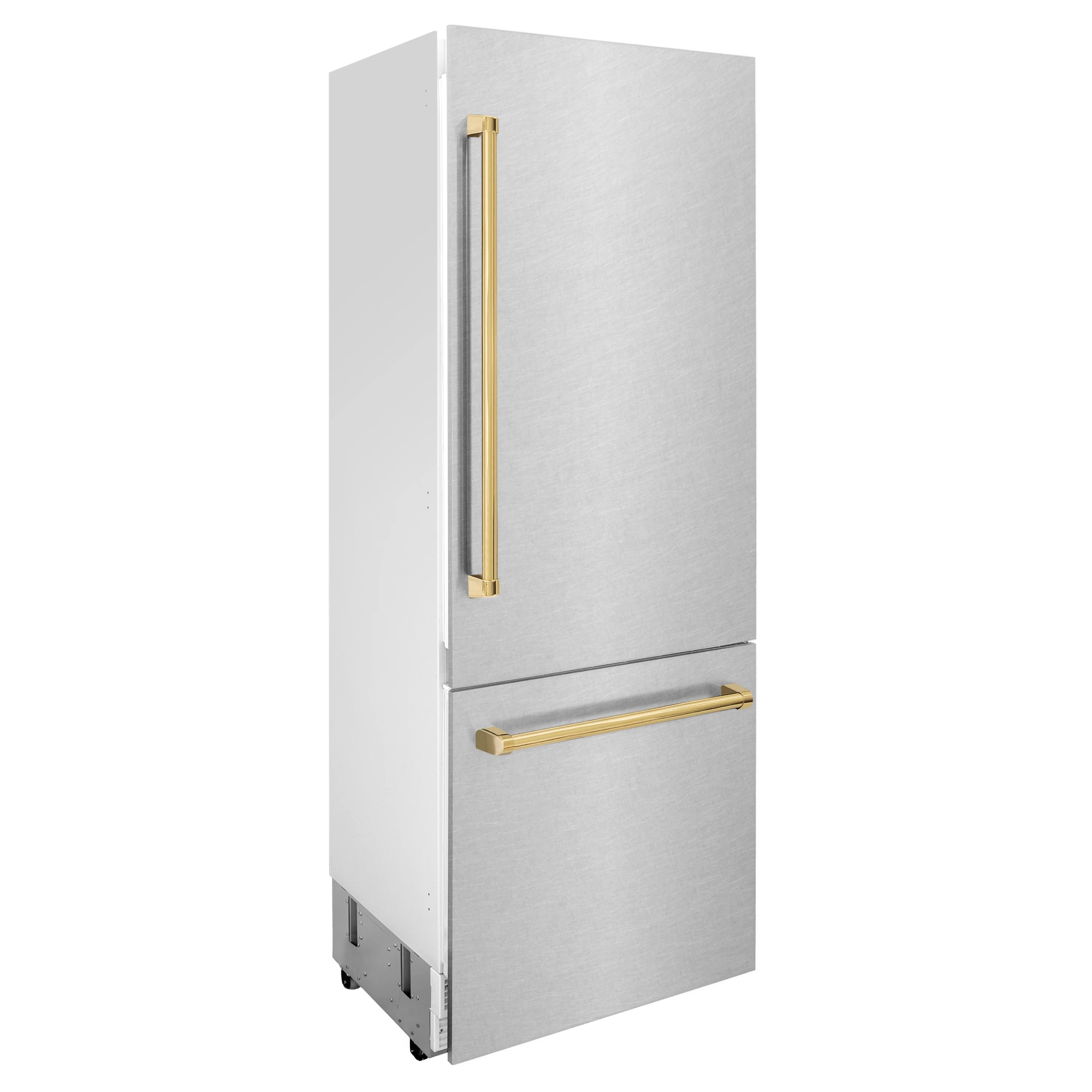 Stainless steel bottom freezer refrigerator with vertical and horizontal gold-accent handles