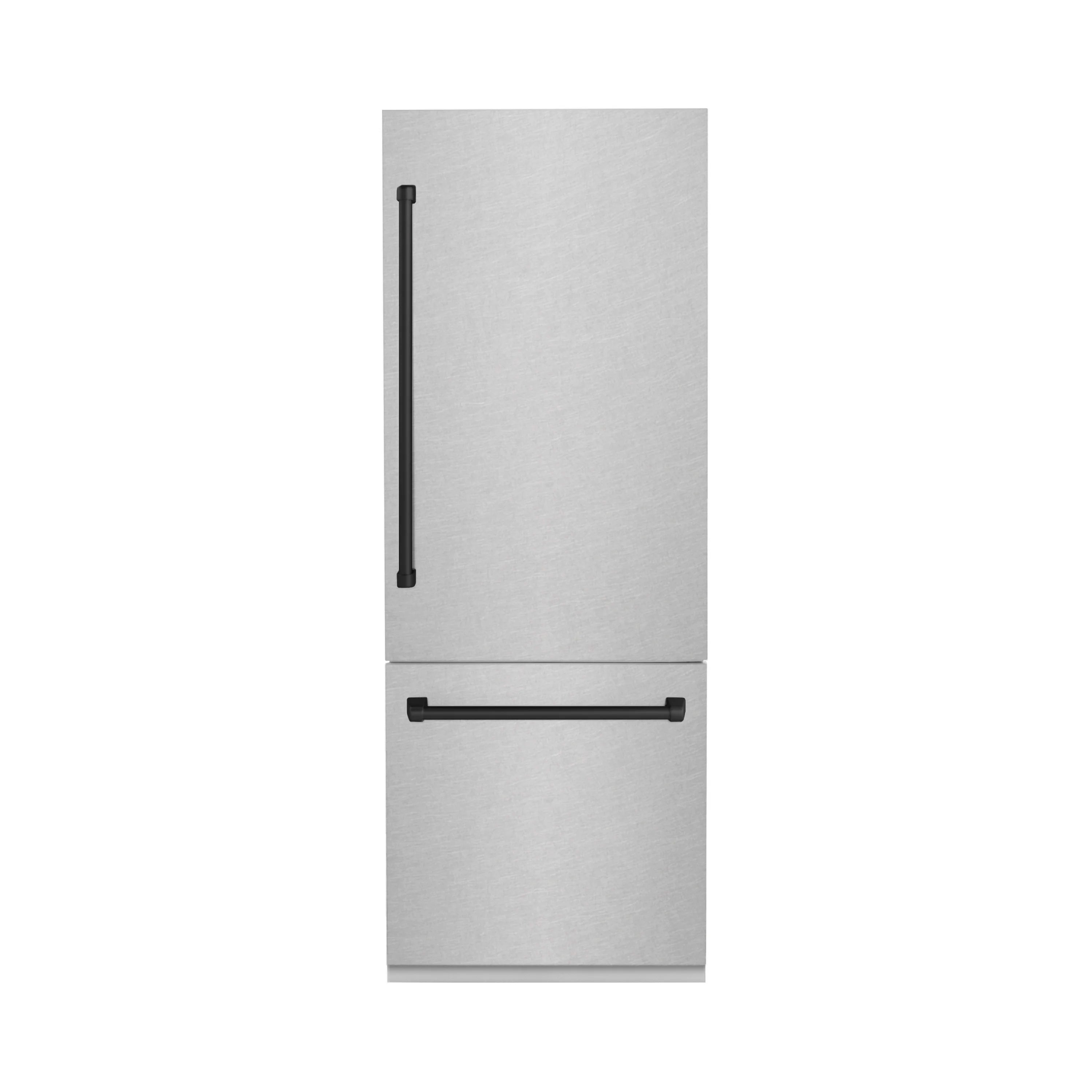 Fingerprints resistant stainless steel refrigerator doors with matte black handles