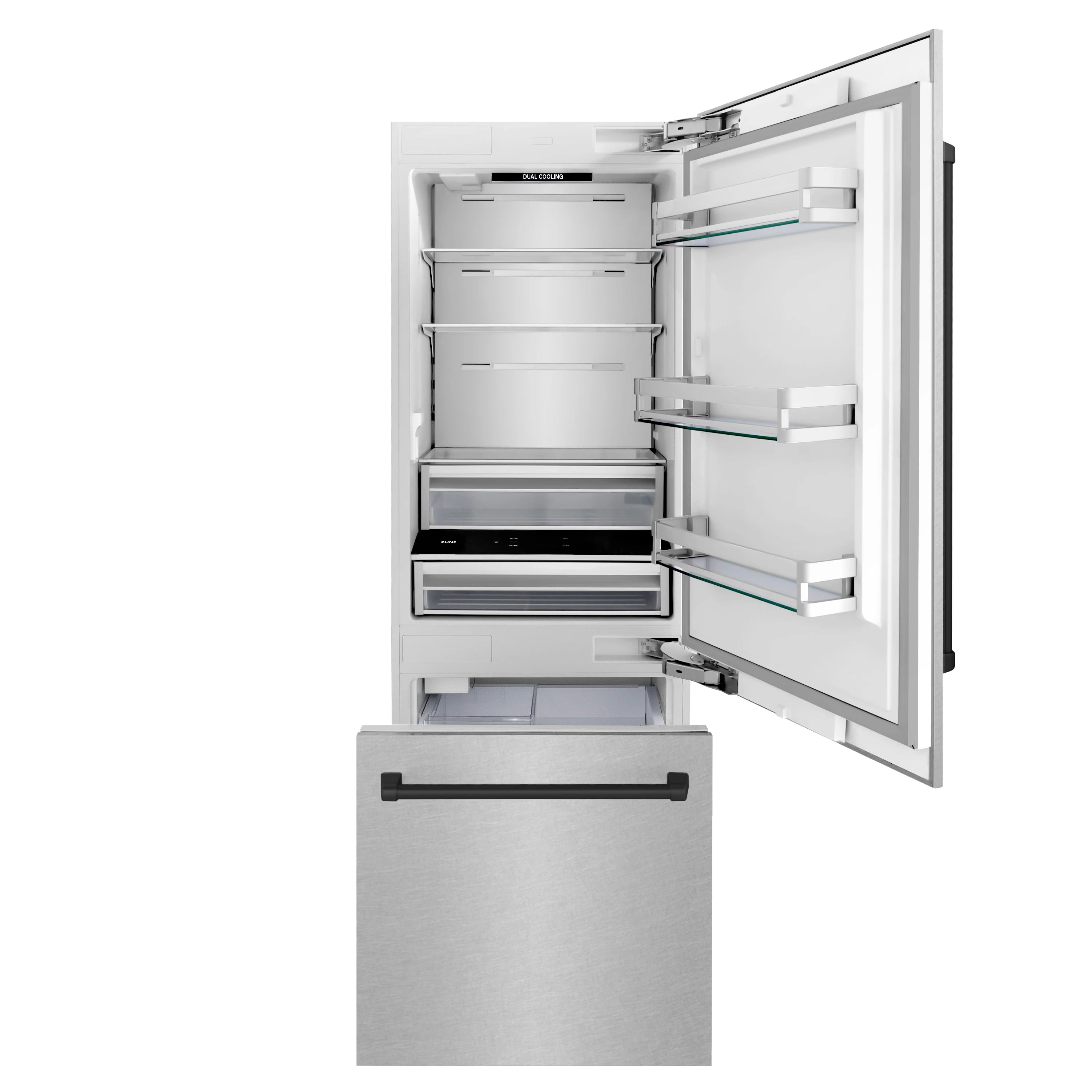 Stainless steel refrigerator open with freezer compartments and interior shelving