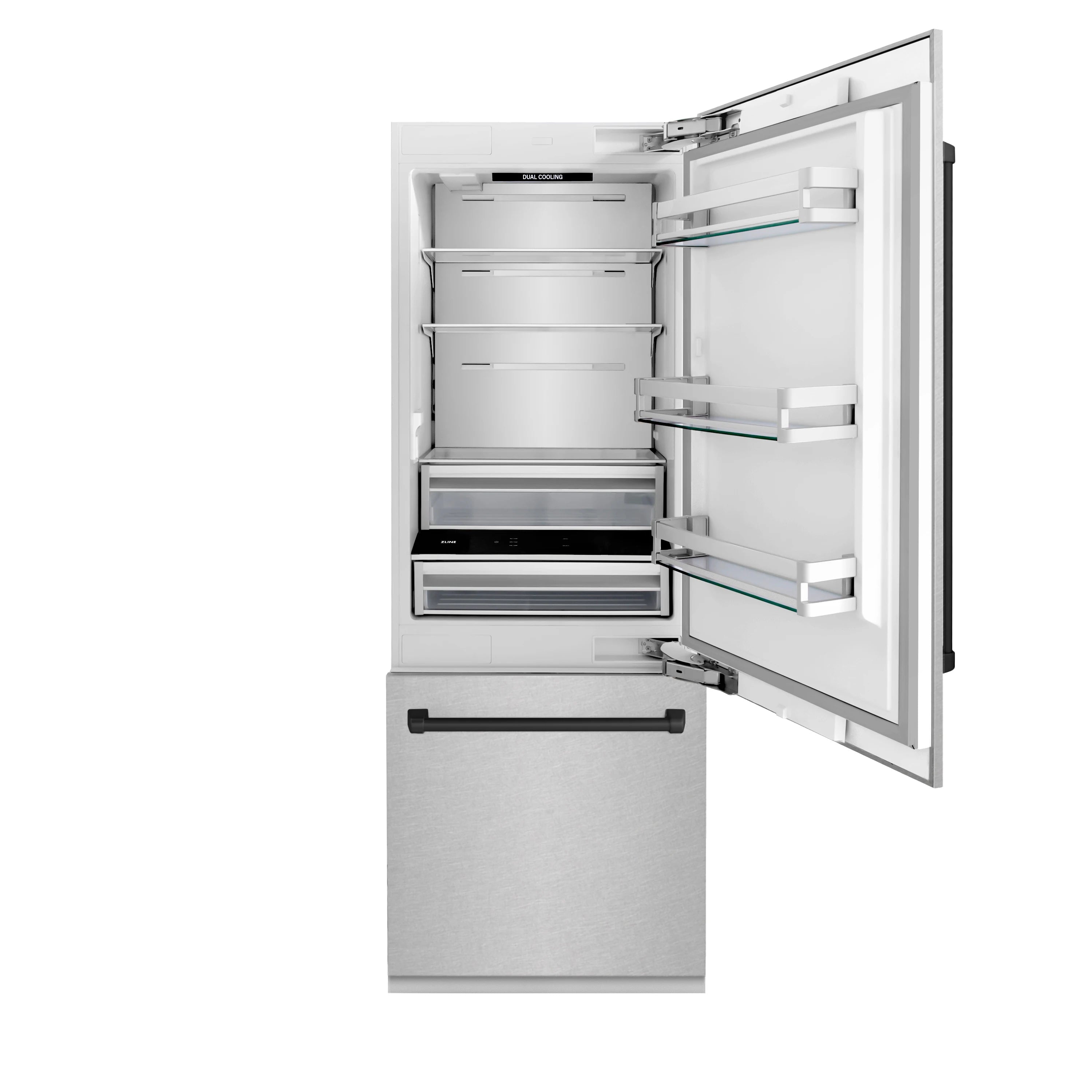 Stainless steel refrigerator with open door showing freezer drawers and shelves