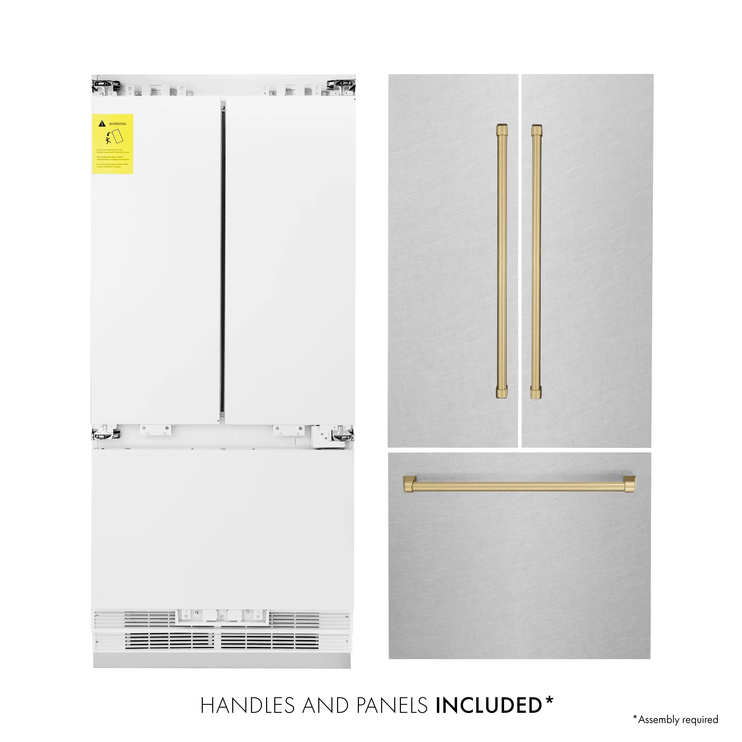 Refrigerator handles and panels included, satin stainless steel with champagne bronze accents