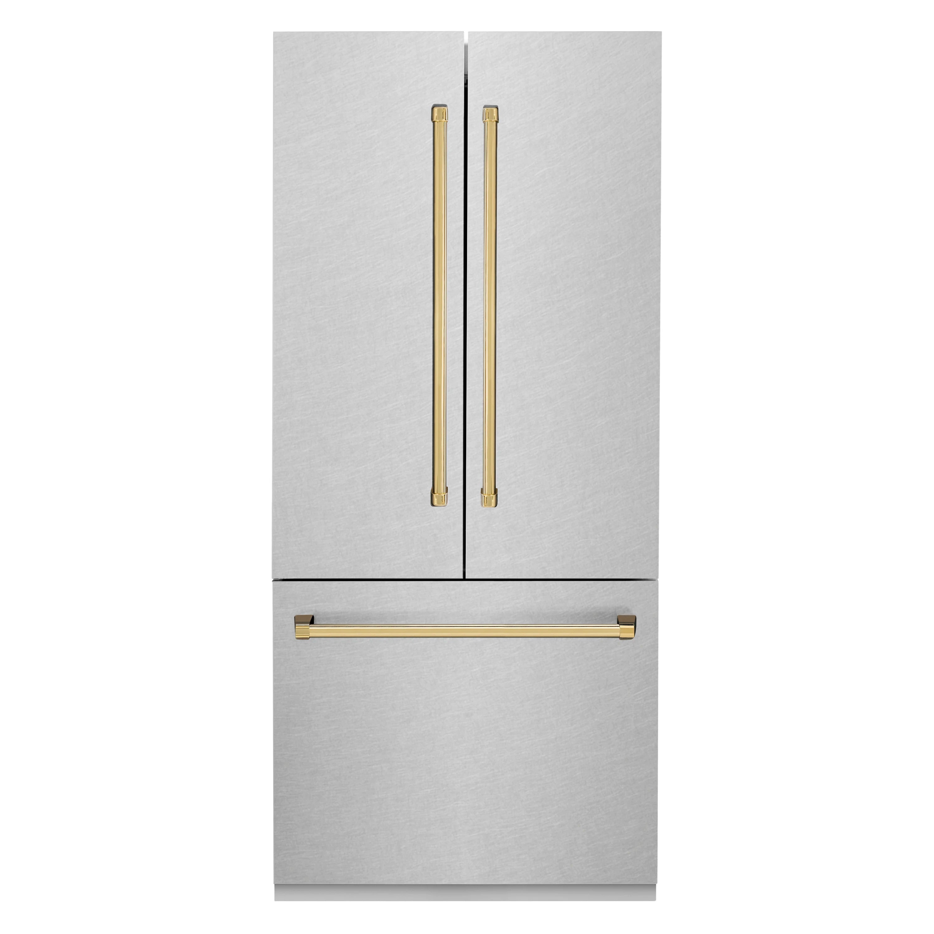 Fingerprint-resistant stainless steel bottom freezer refrigerator with gold handle accents