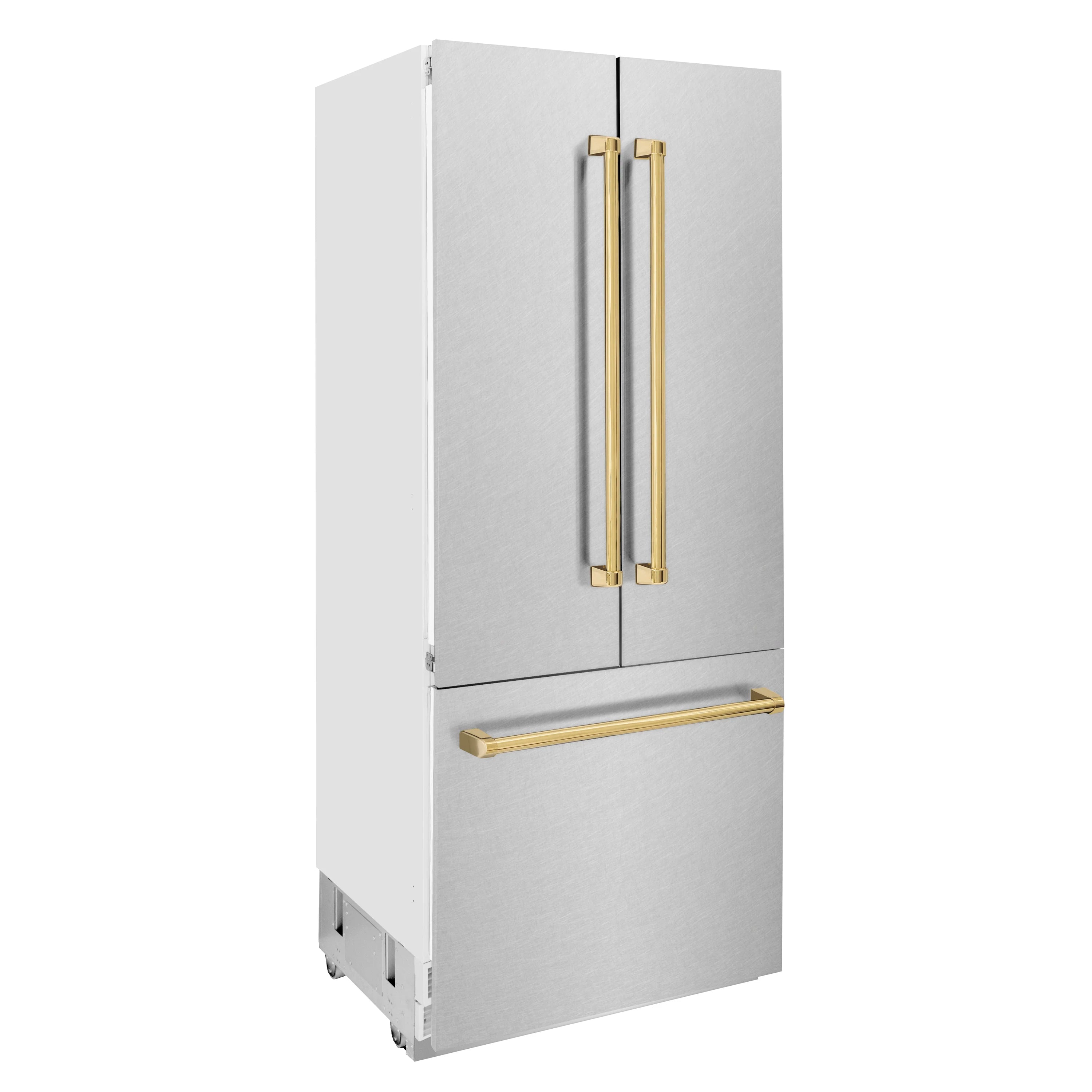 Stainless steel bottom freezer refrigerator with two gold top handles and gold drawer bar
