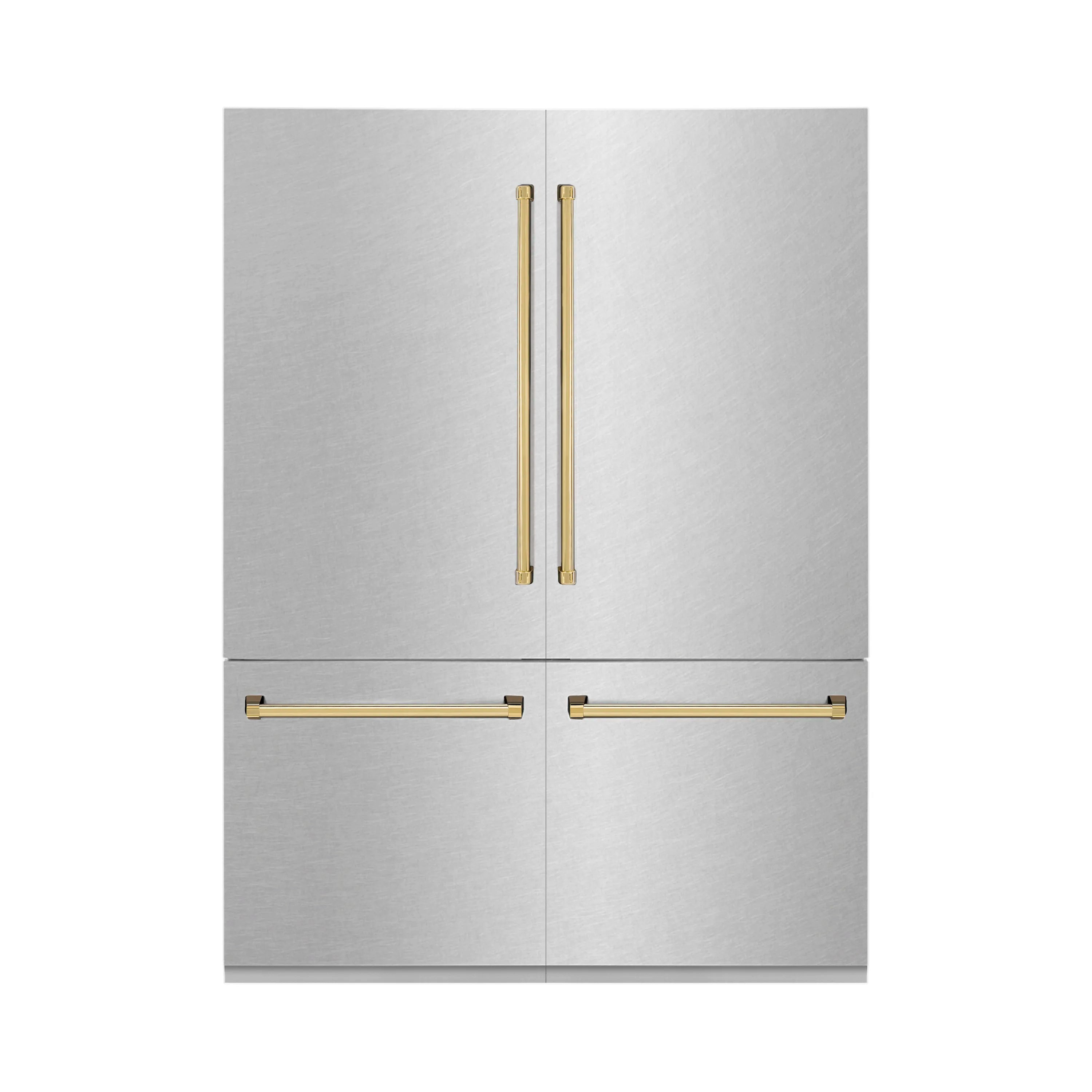 Stainless 4-door refrigerator with long gold handle accents