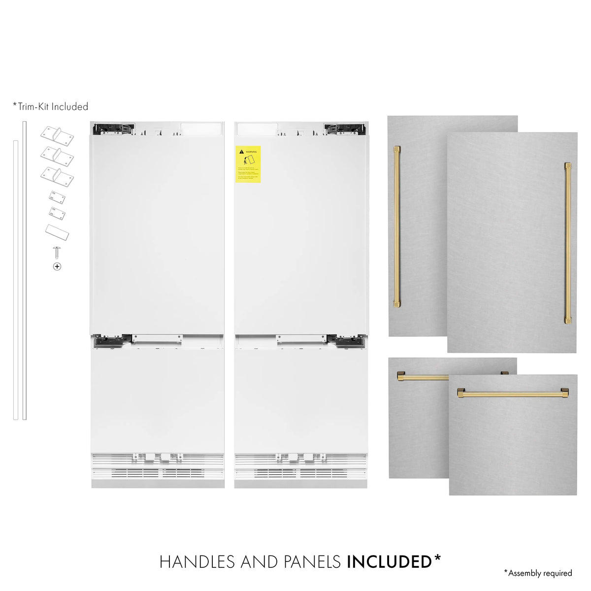 Refrigerator handle and panel kit, fingerprint-resistant stainless steel with gold accents
