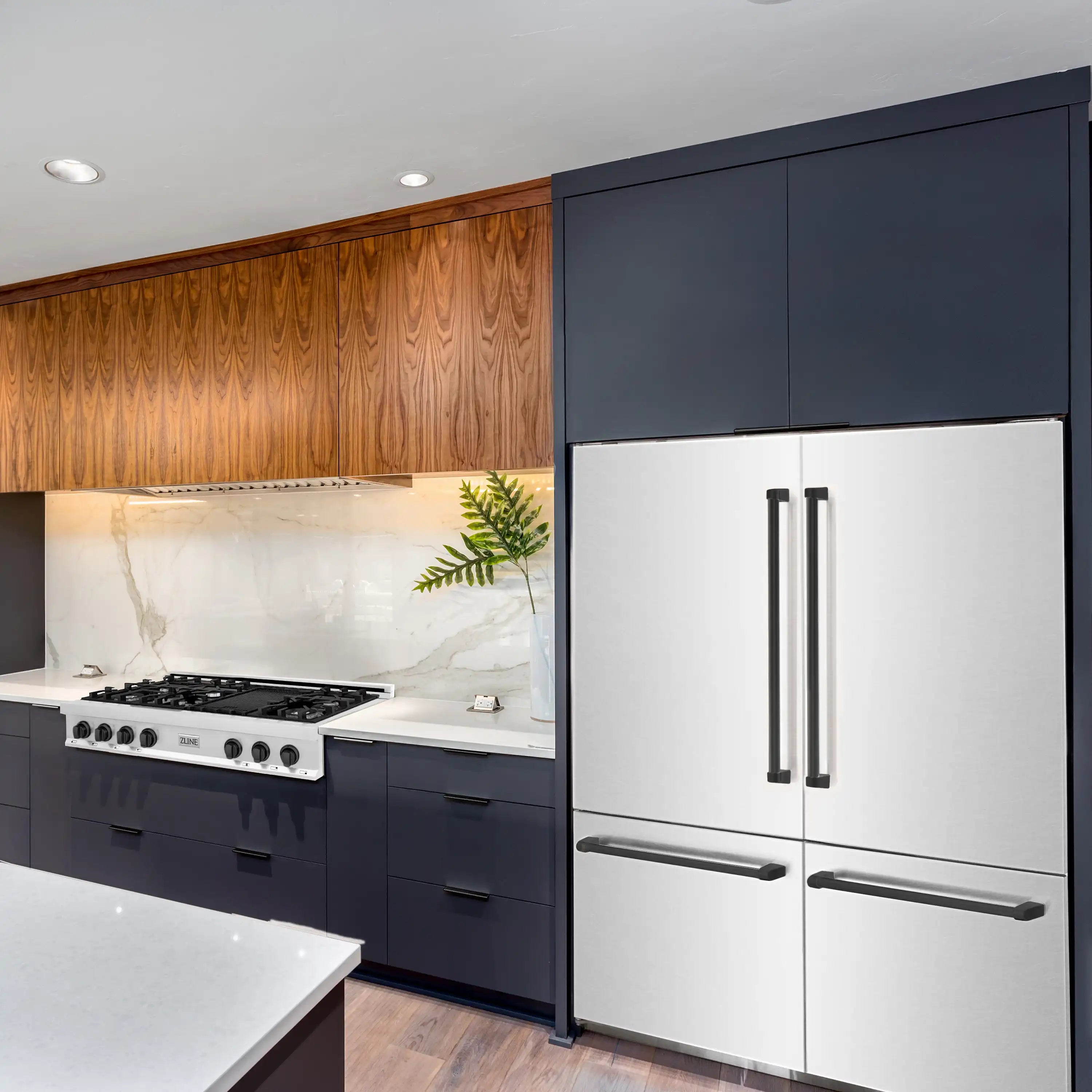ZLINE built-in French door refrigerator with white doors and matte black accents