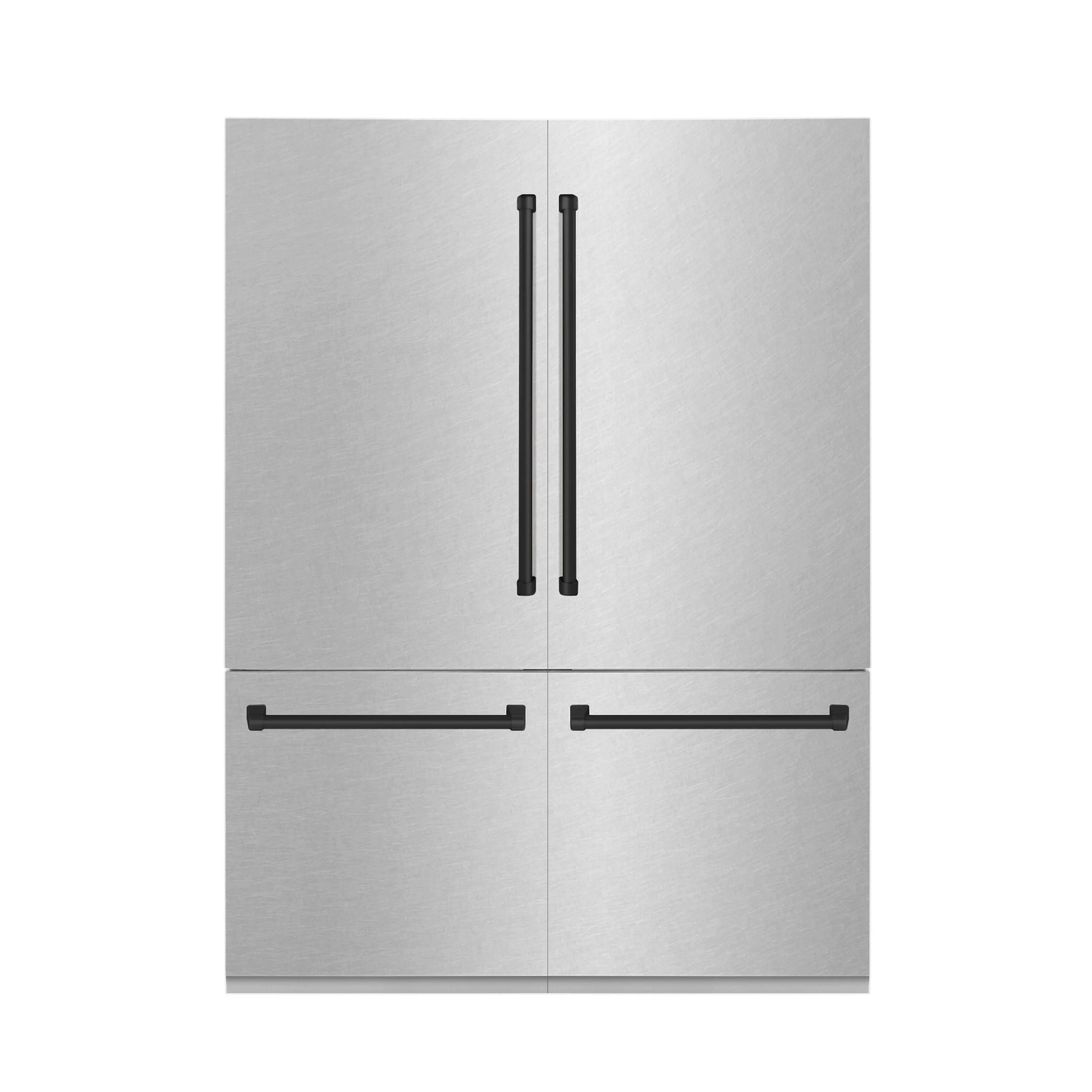 ZLINE refrigerator doors with matte black bar handles on fingerprint-resistant finish