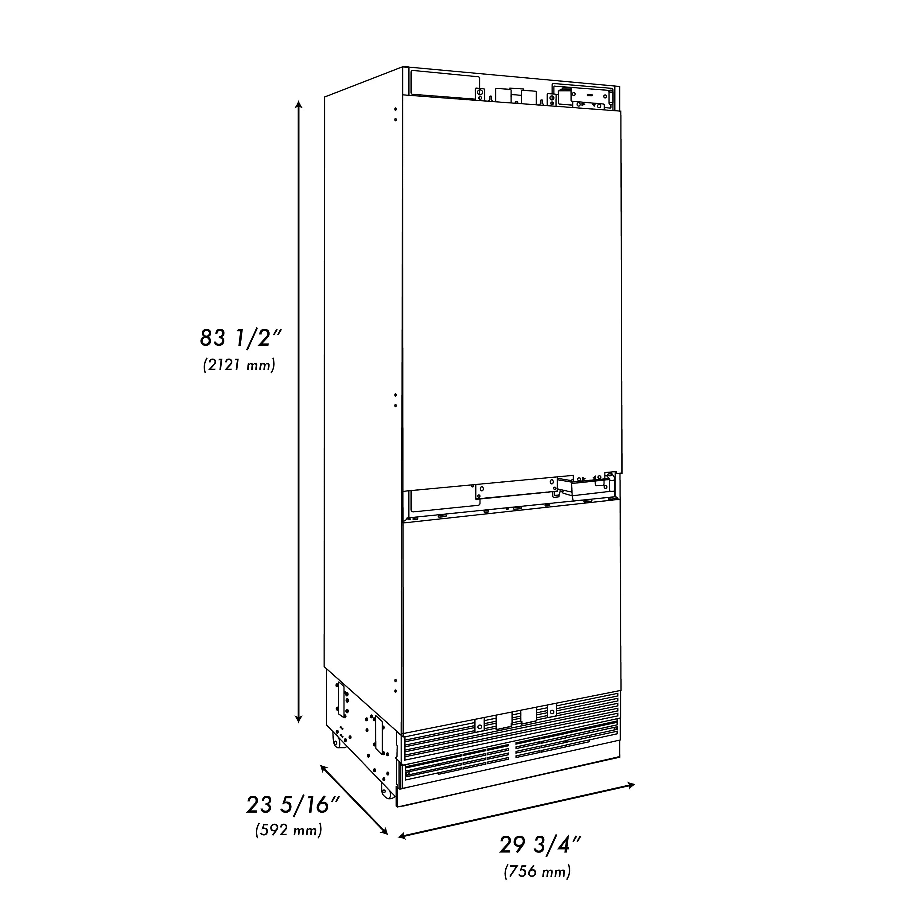 Refrigerator installation diagram with cabinet dimensions and built-in cutout layout.