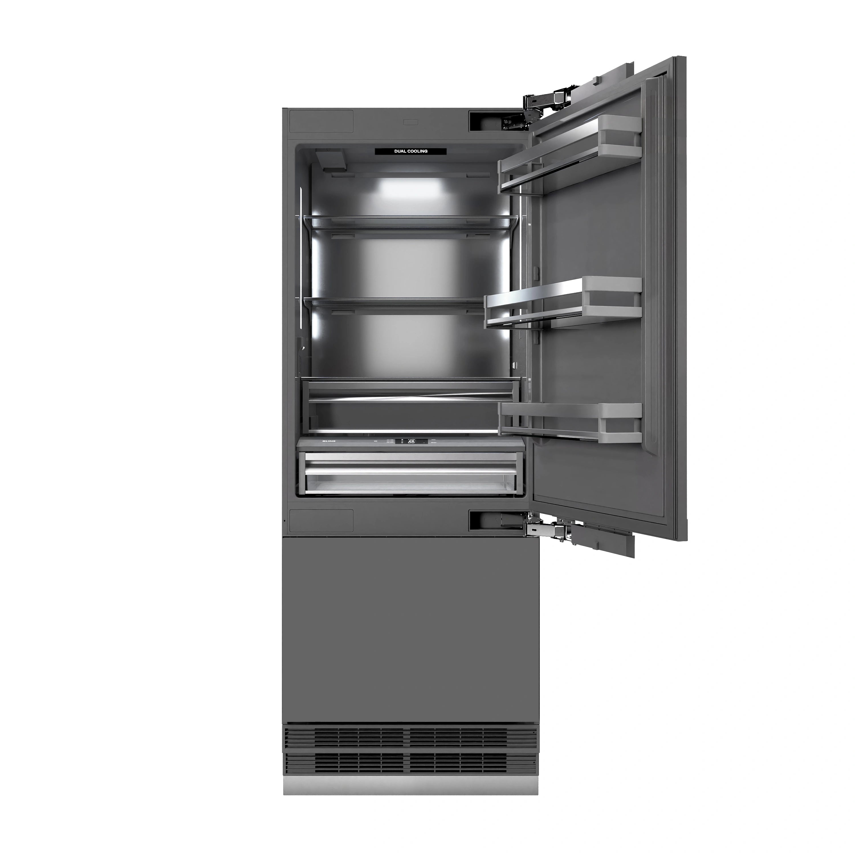 Built-in bottom freezer refrigerator with open door, shelves, and freezer drawers.