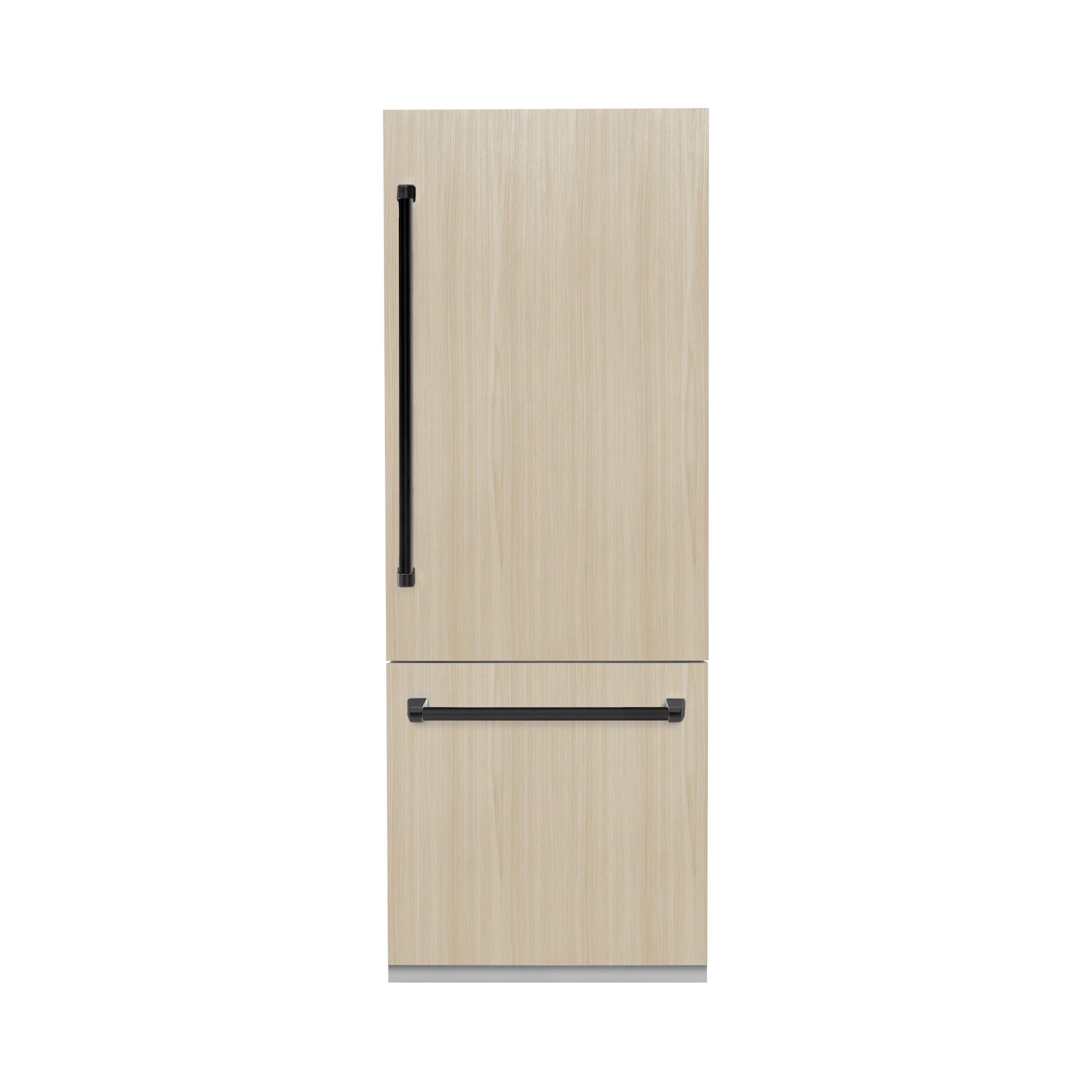 Panel-ready built-in bottom freezer refrigerator door with light wood panel and black handle