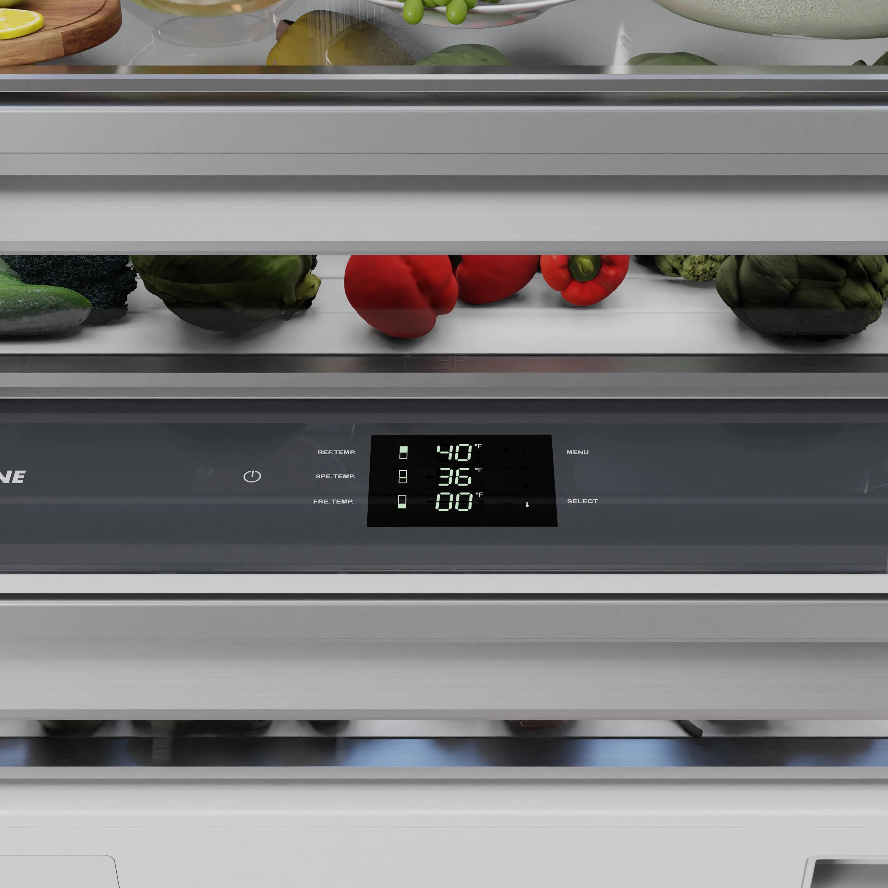 Built-in bottom freezer refrigerator control panel with digital display and dispenser controls