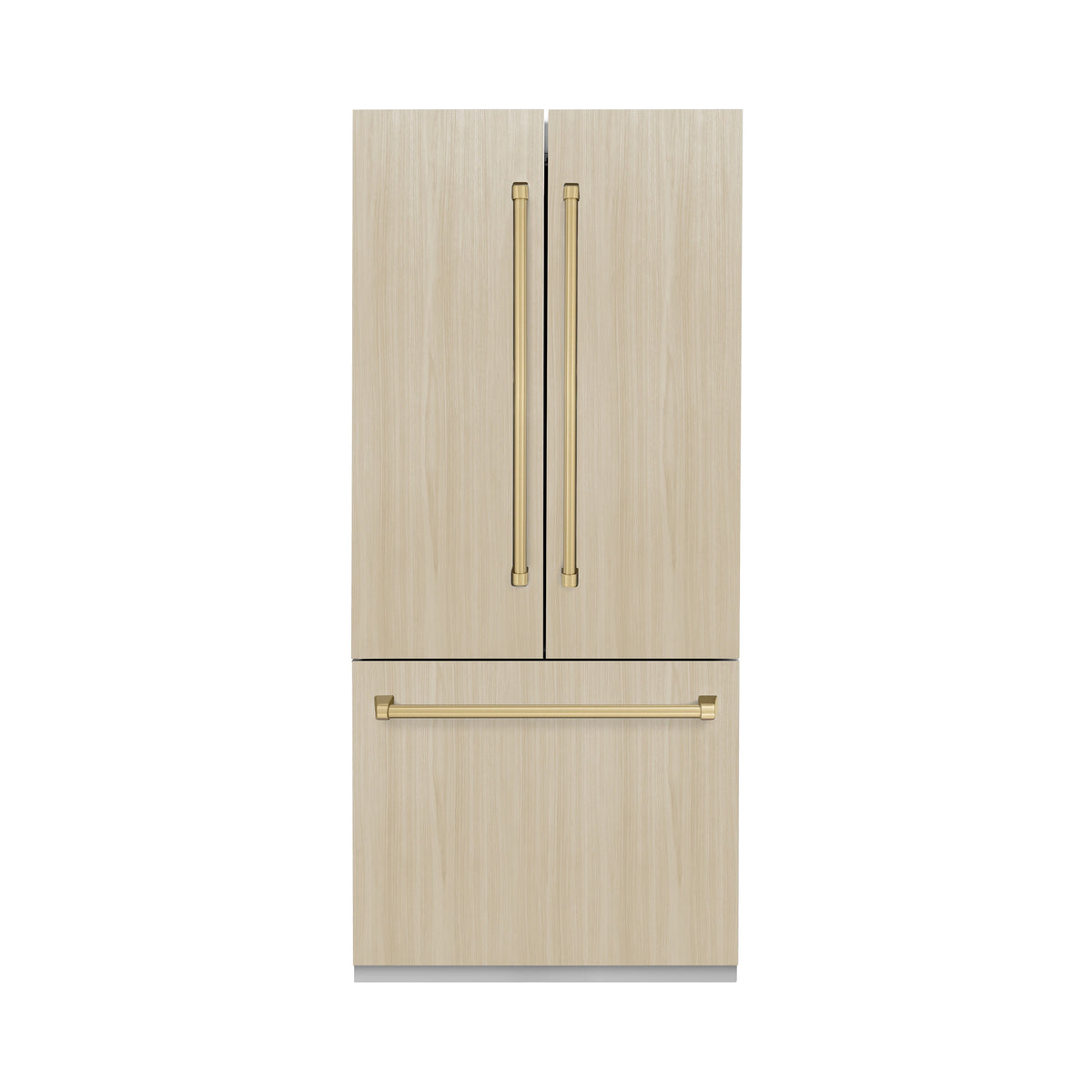 Panel-ready built-in refrigerator with light wood doors and champagne bronze handles