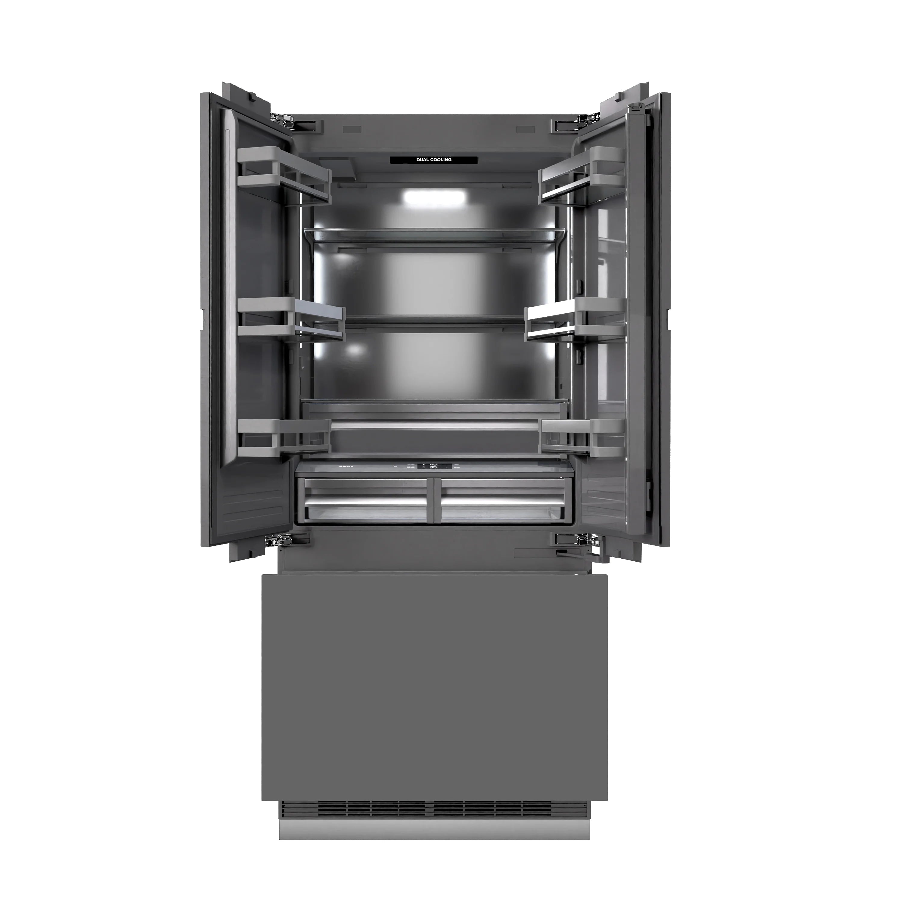 Open freezer compartment view with lower bin and vent grille on French-door refrigerator