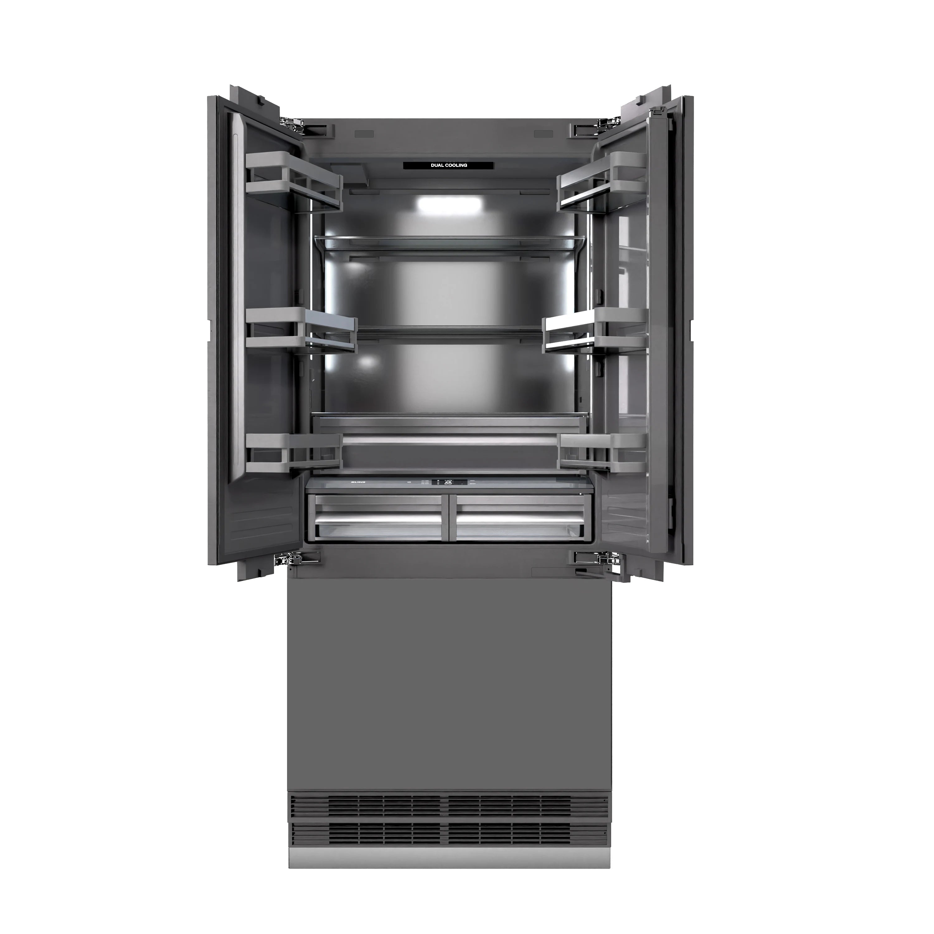 Refrigerator door open to interior compartments with shelves and overhead light