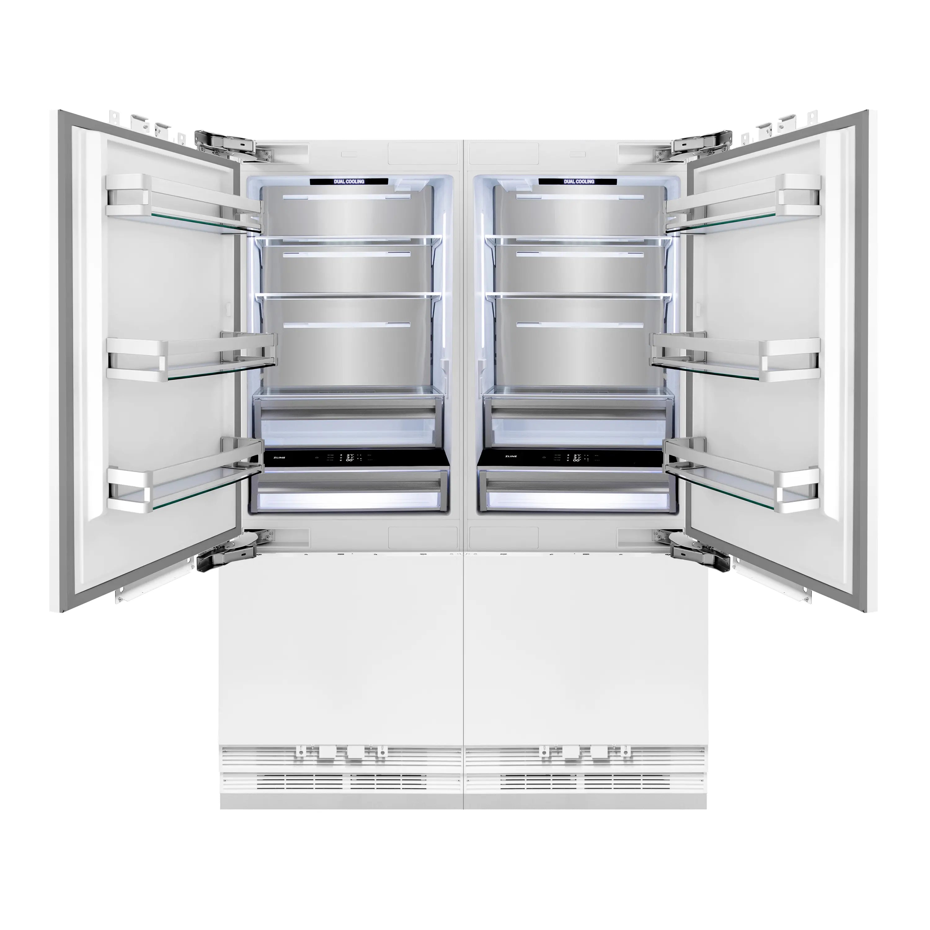 Opened panel-ready French door refrigerator interior with shelves and drawers