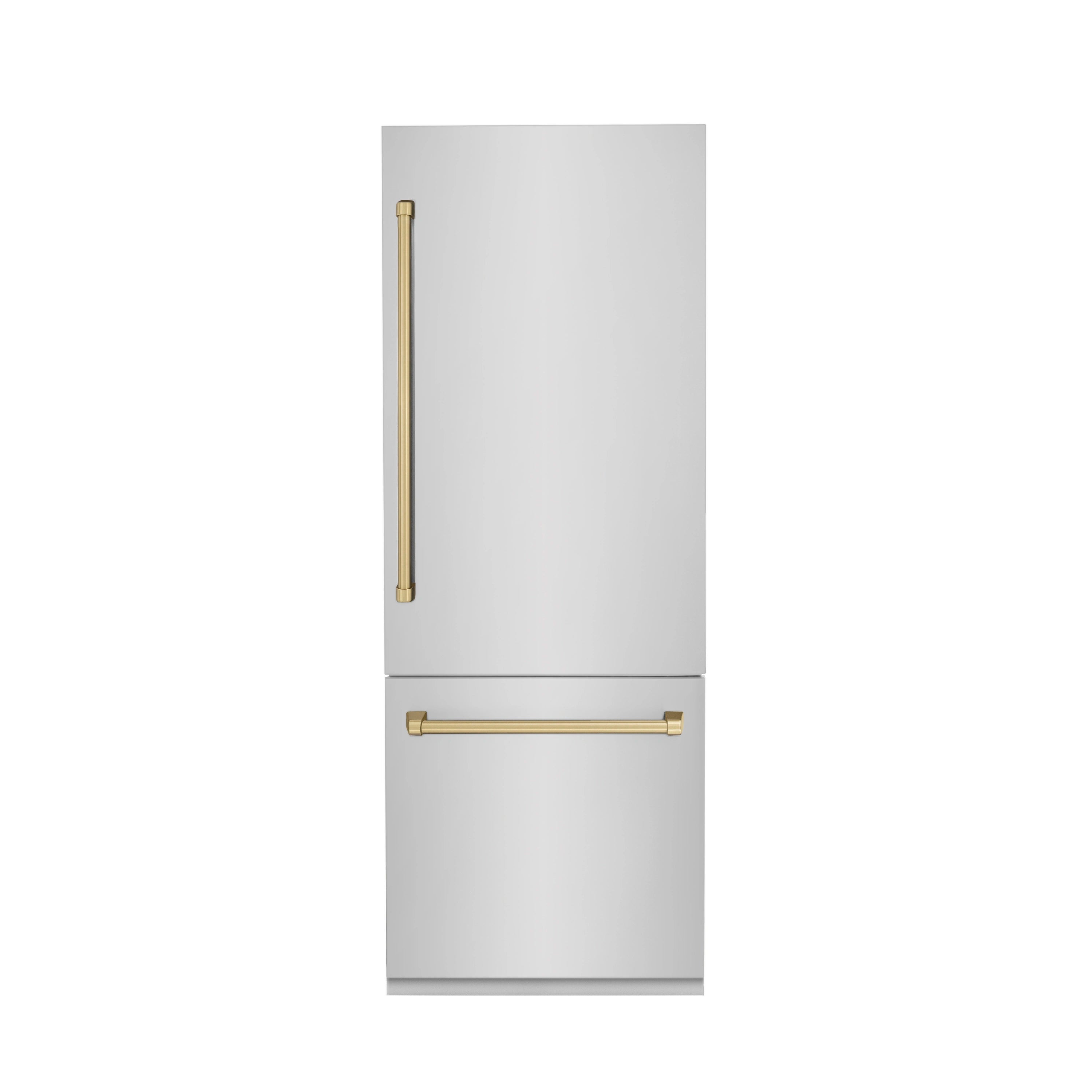Two-door refrigerator with champagne bronze vertical and horizontal handles, white body