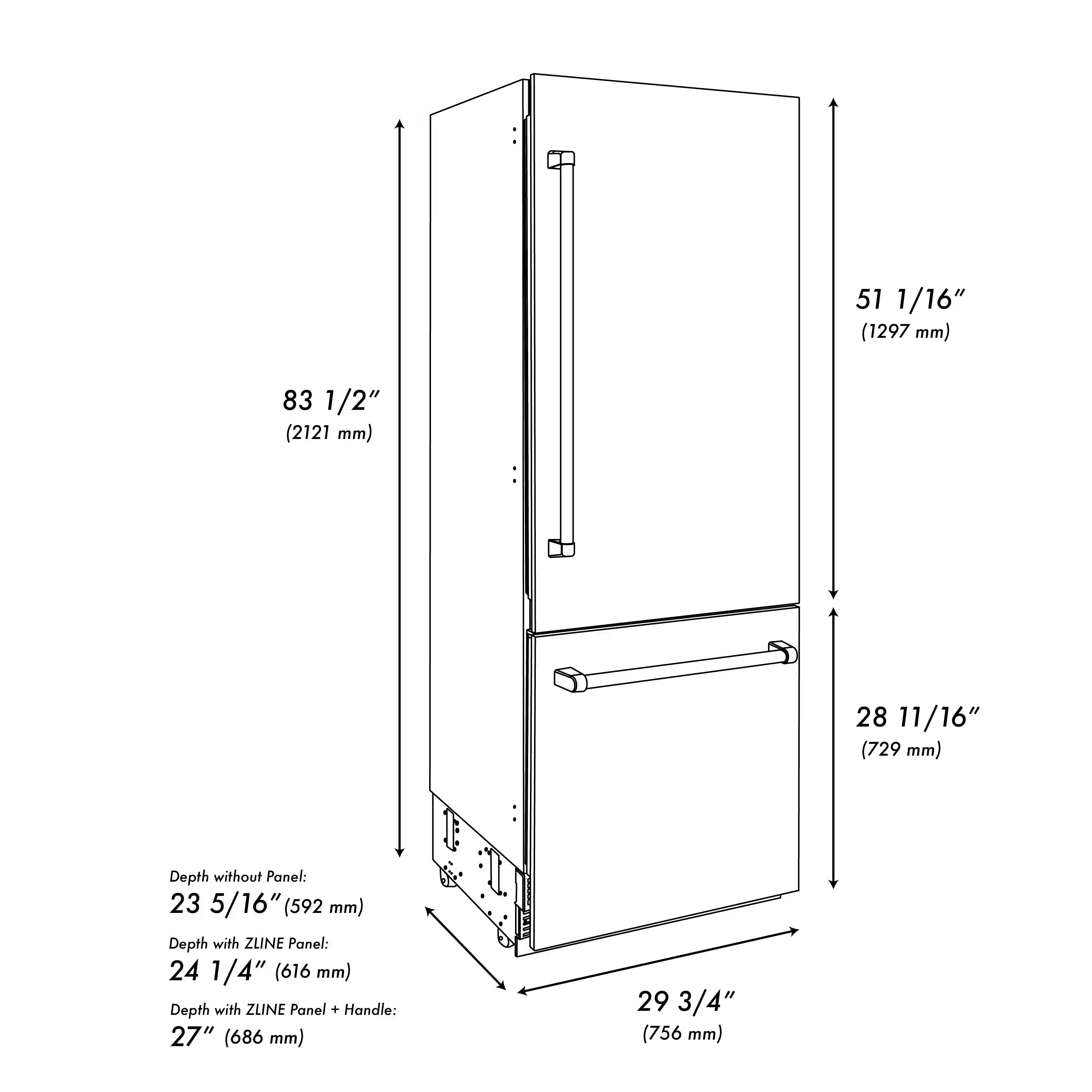 Refrigerator installation diagram with overall height and depth measurements