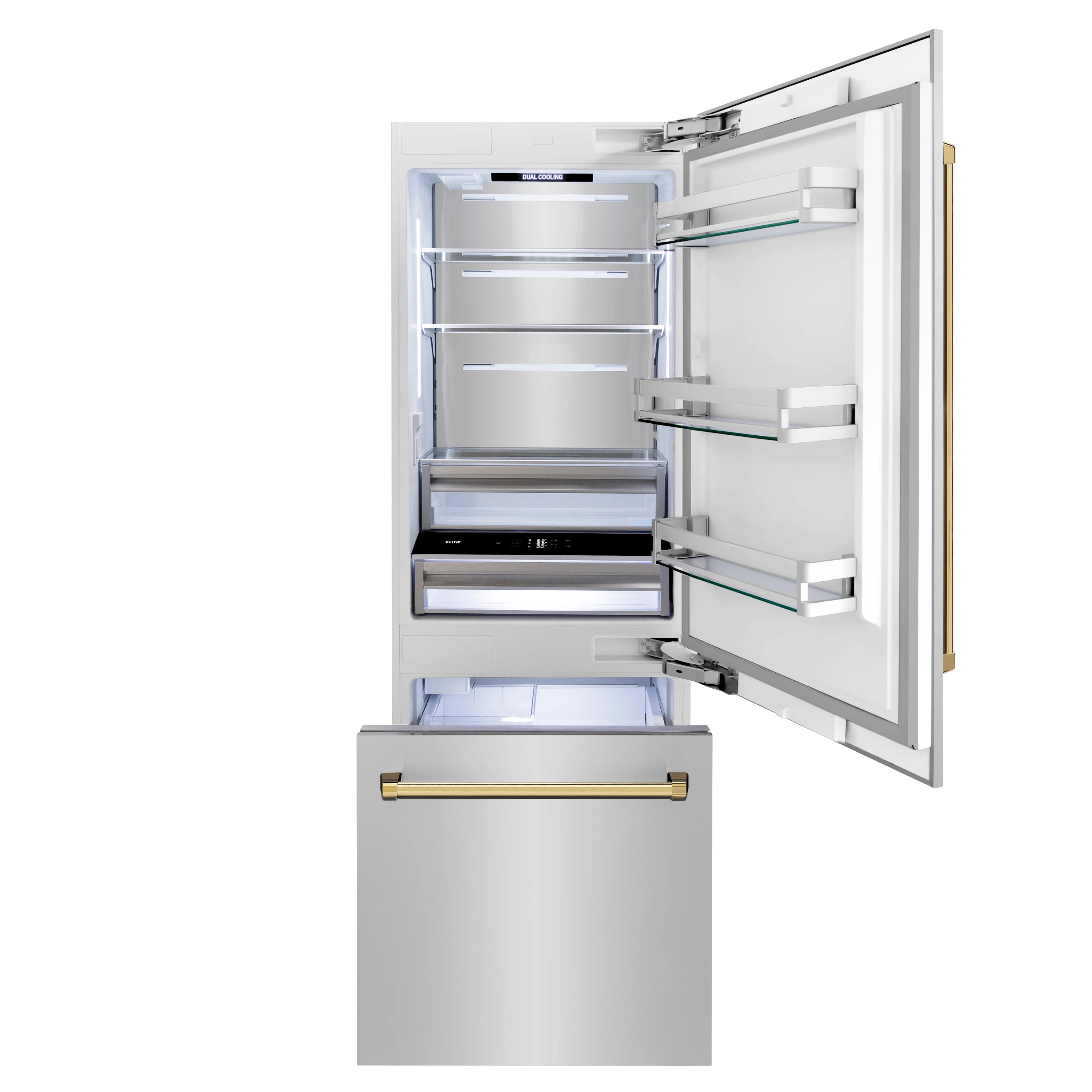 Bottom-freezer refrigerator with interior lights on, door open, shelves and bins