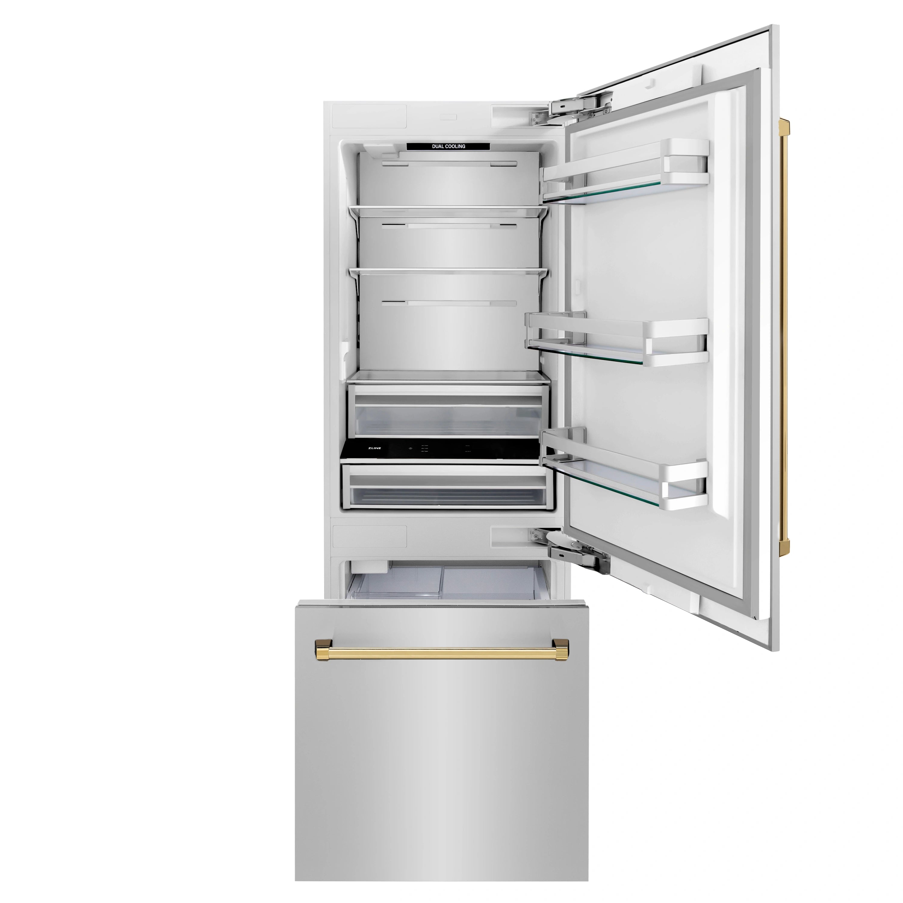 Bottom-freezer refrigerator with open door, pull-out drawer and interior compartments
