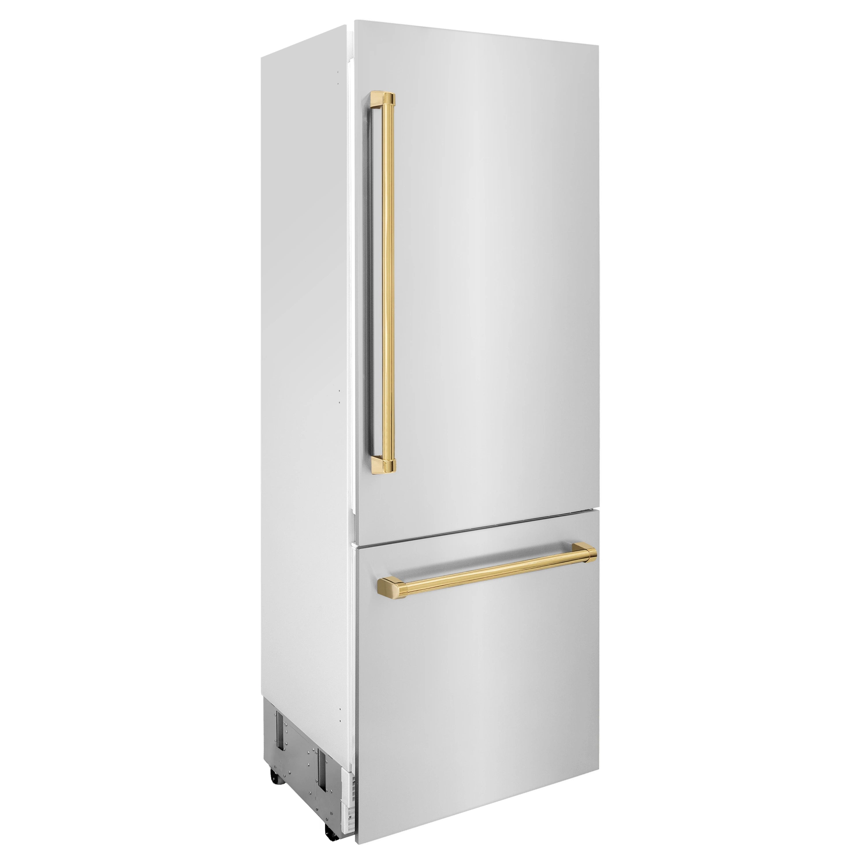 Stainless steel bottom freezer refrigerator with gold handles shown in 3D