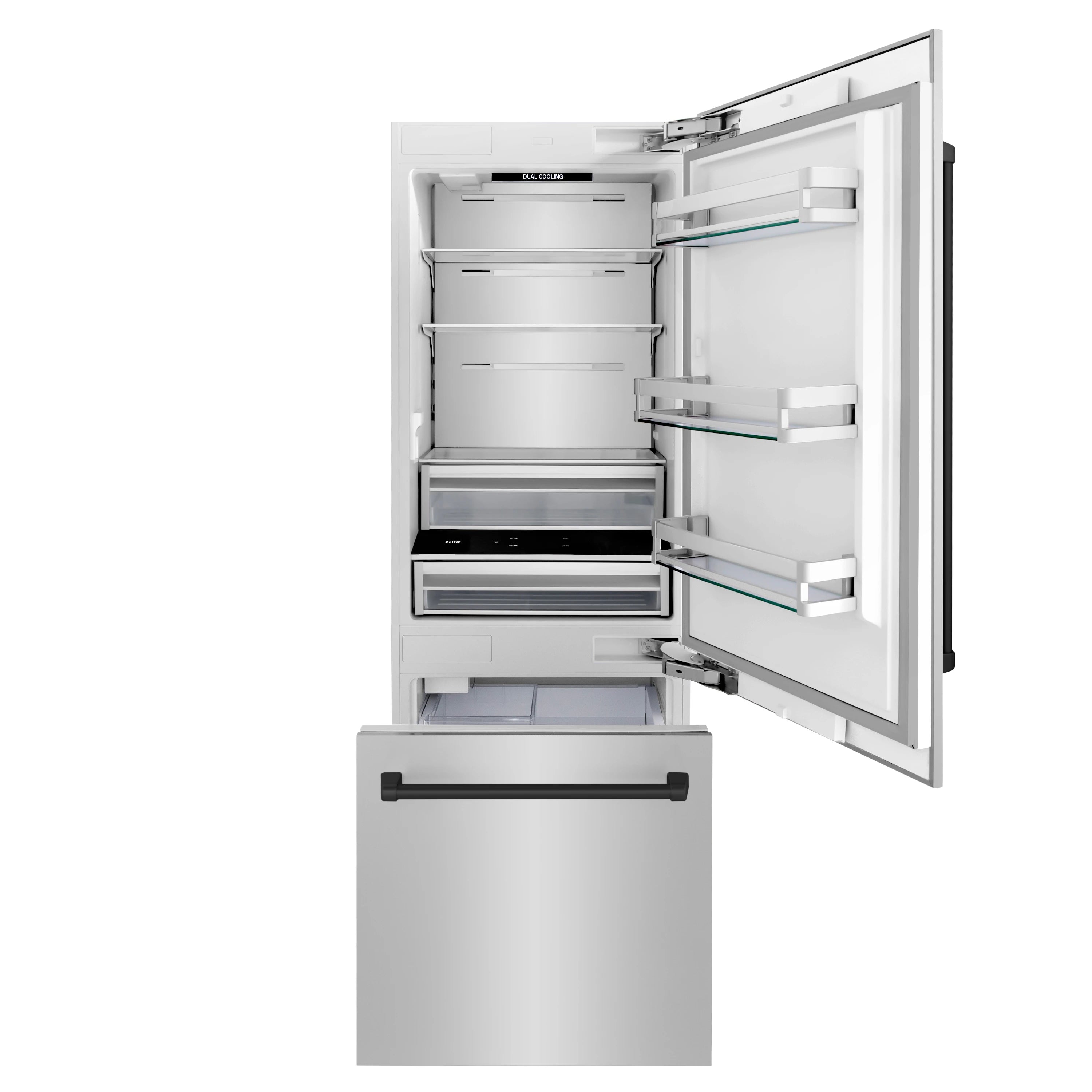Bottom-freezer refrigerator with stainless steel doors open, bottom freezer drawer and racks