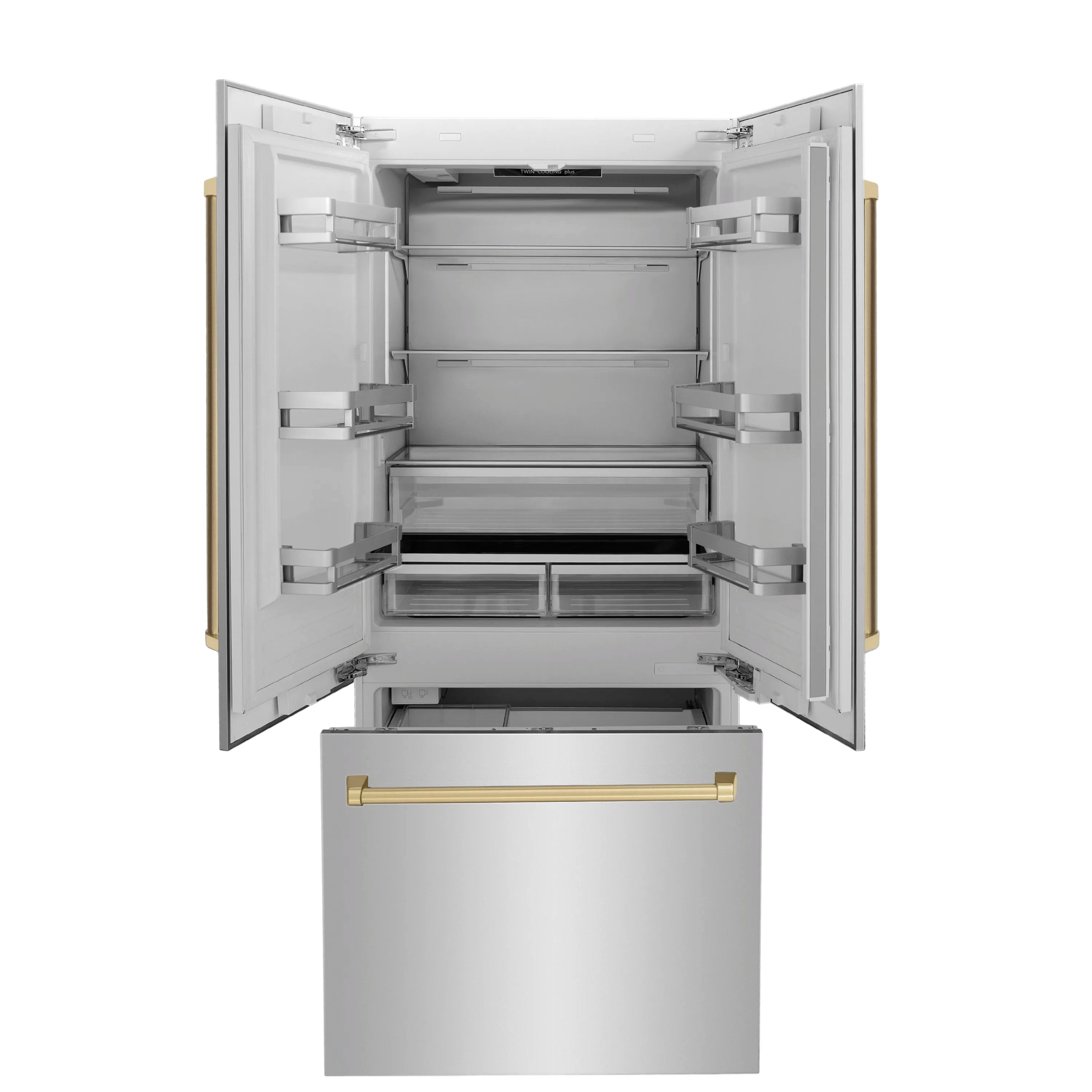 ZLINE refrigerator interior with open doors, shelves, and bottom freezer drawer