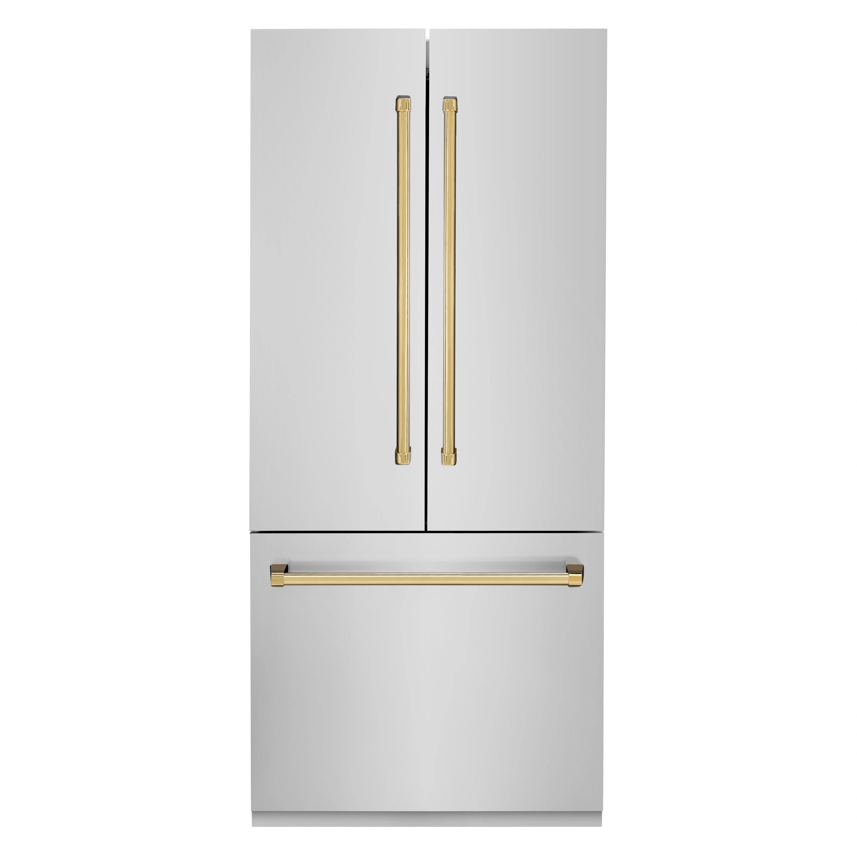 Bottom-freezer refrigerator with gold accent handles and matching lower front bar