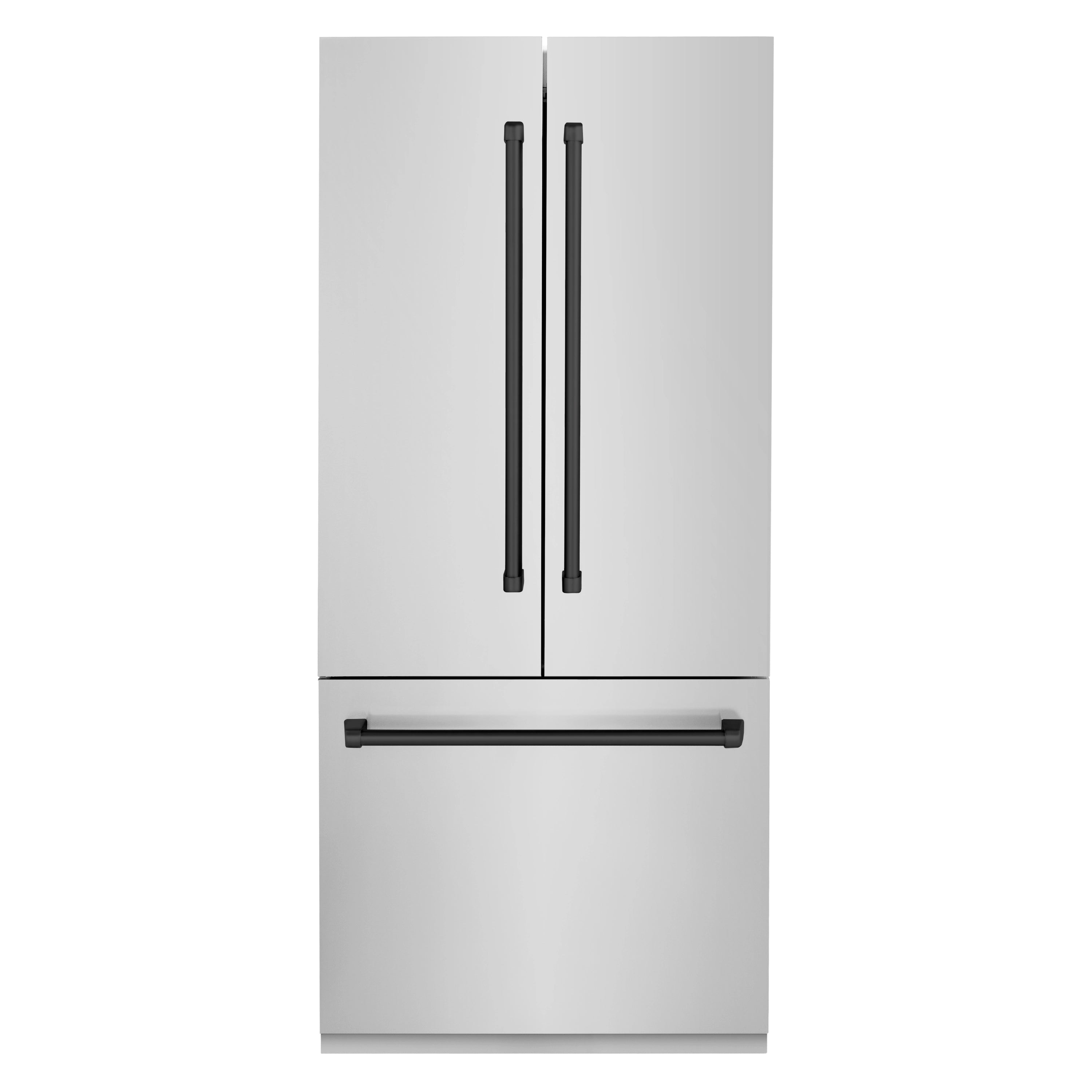 Stainless steel bottom-freezer refrigerator with matte black double handles and drawer