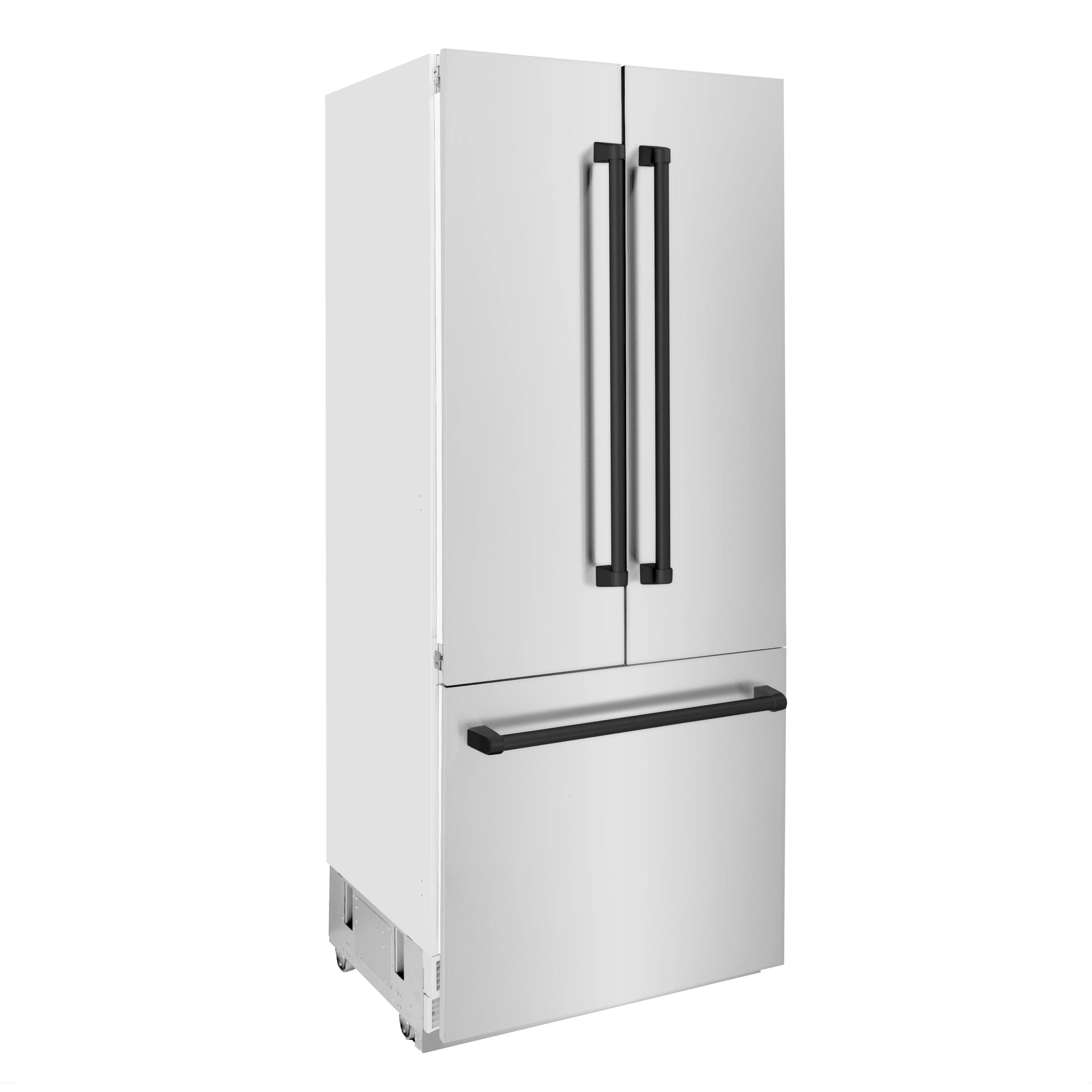 Stainless steel bottom-freezer refrigerator with matte black handles and freezer drawer