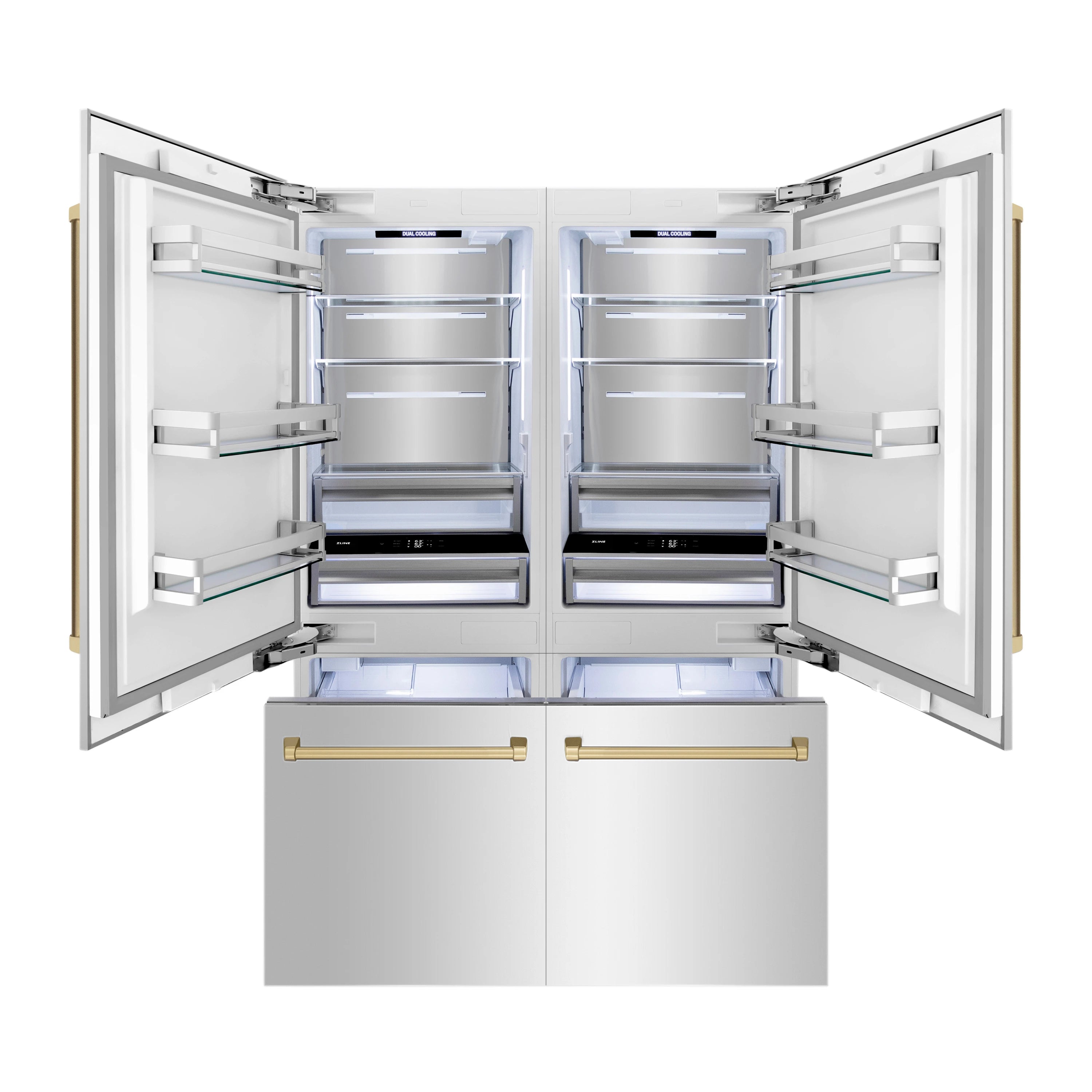 Built-in stainless steel refrigerator with open French doors and gold handles